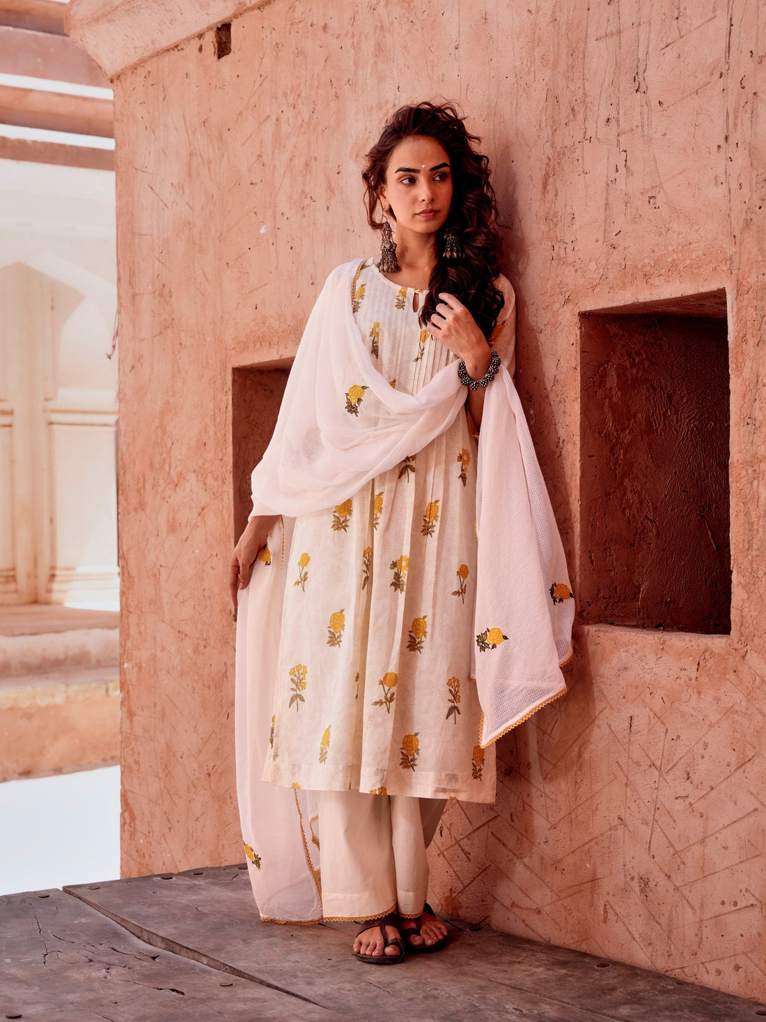 YELLOW FLORAL PRINT COTTON SUIT SET