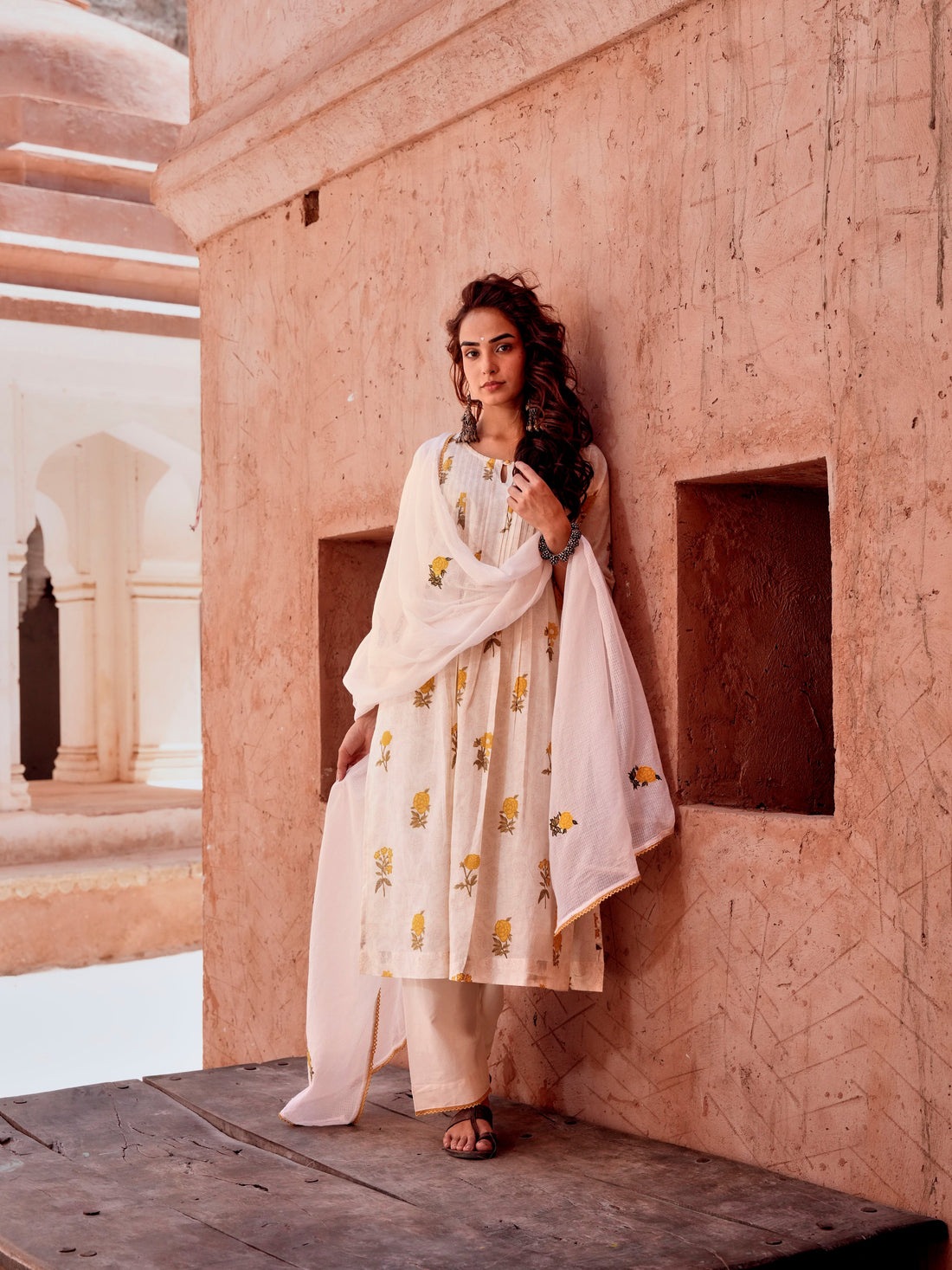 YELLOW FLORAL PRINT COTTON SUIT SET
