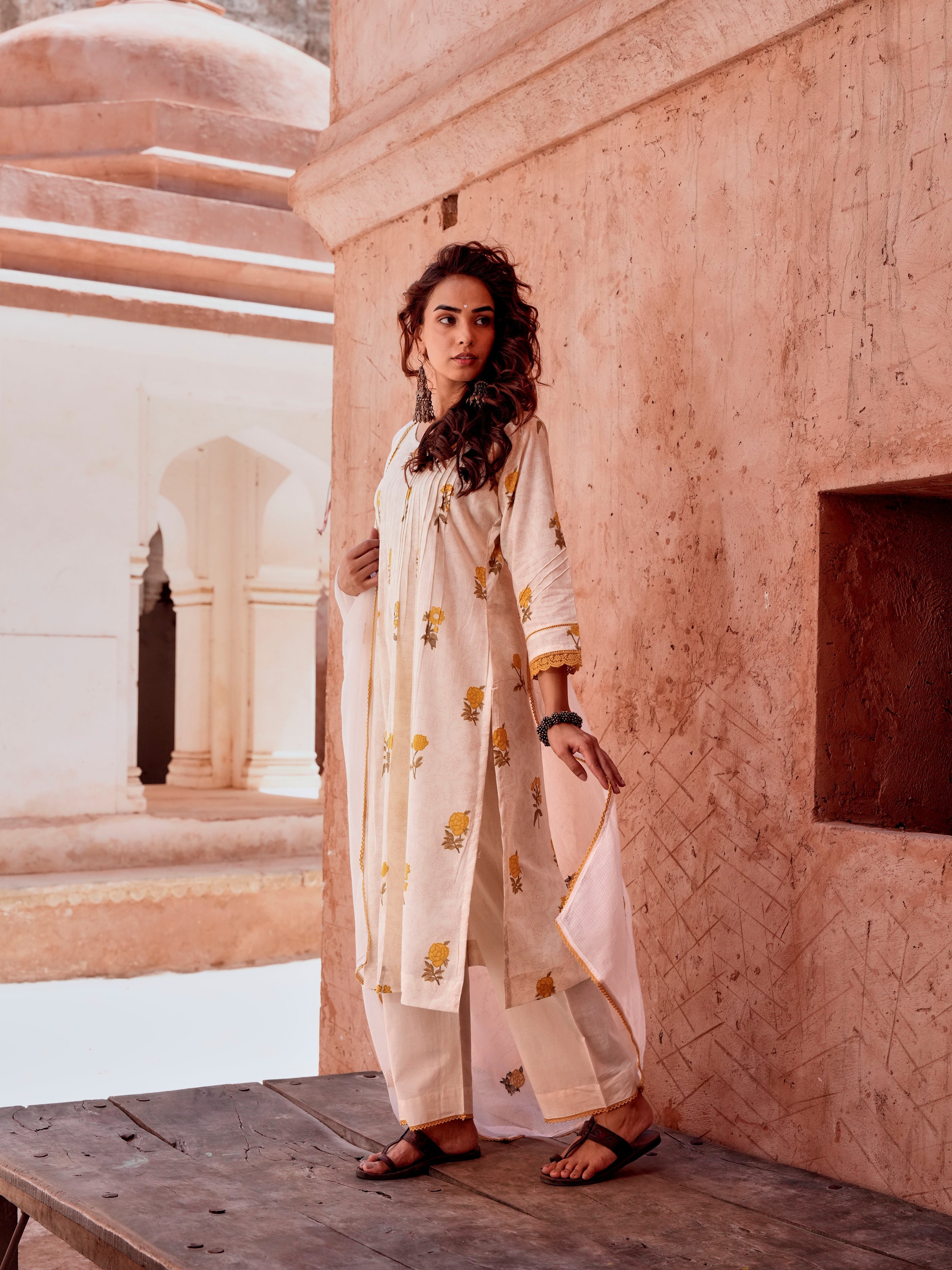 YELLOW FLORAL PRINT COTTON SUIT SET