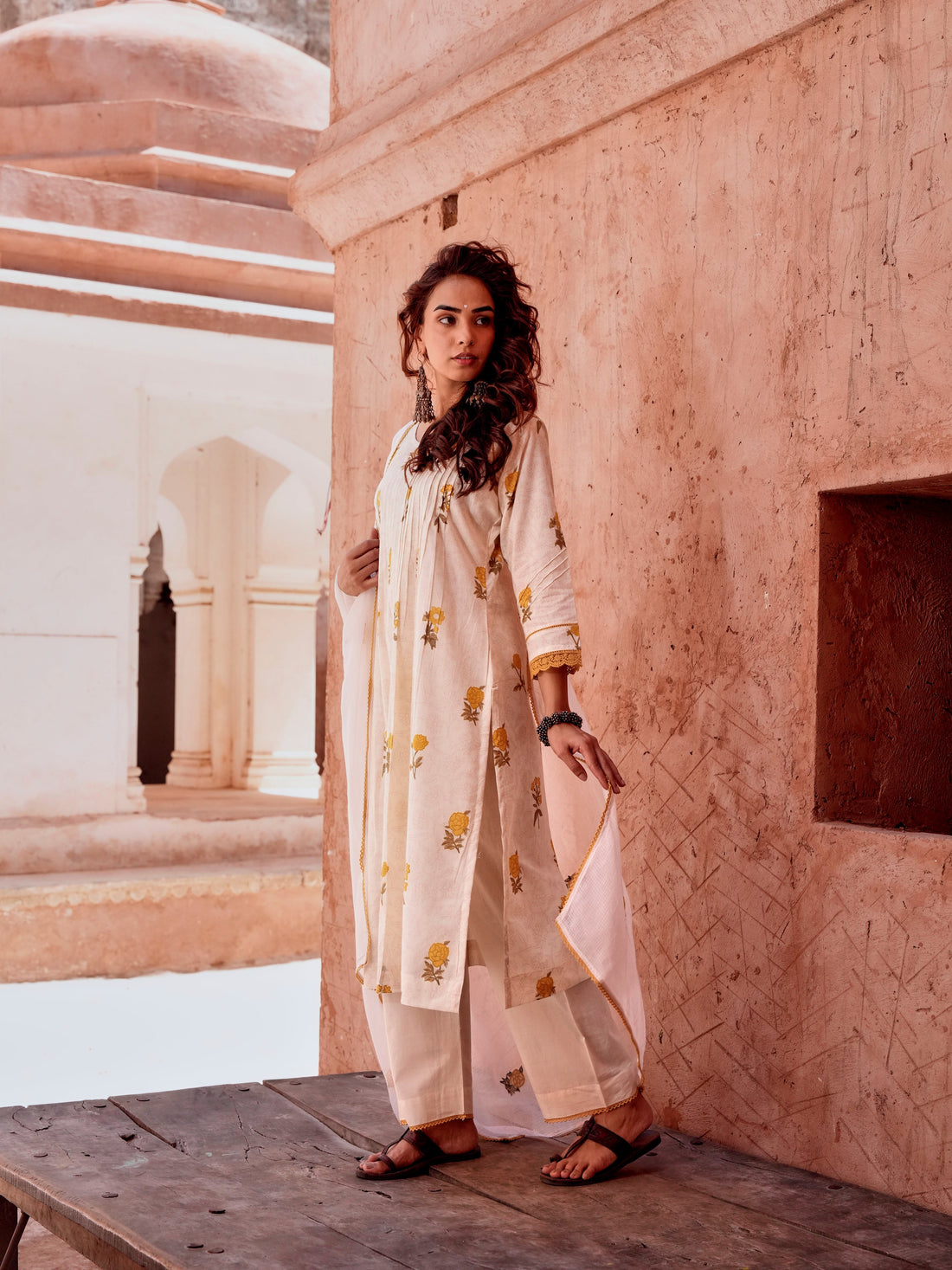 YELLOW FLORAL PRINT COTTON SUIT SET