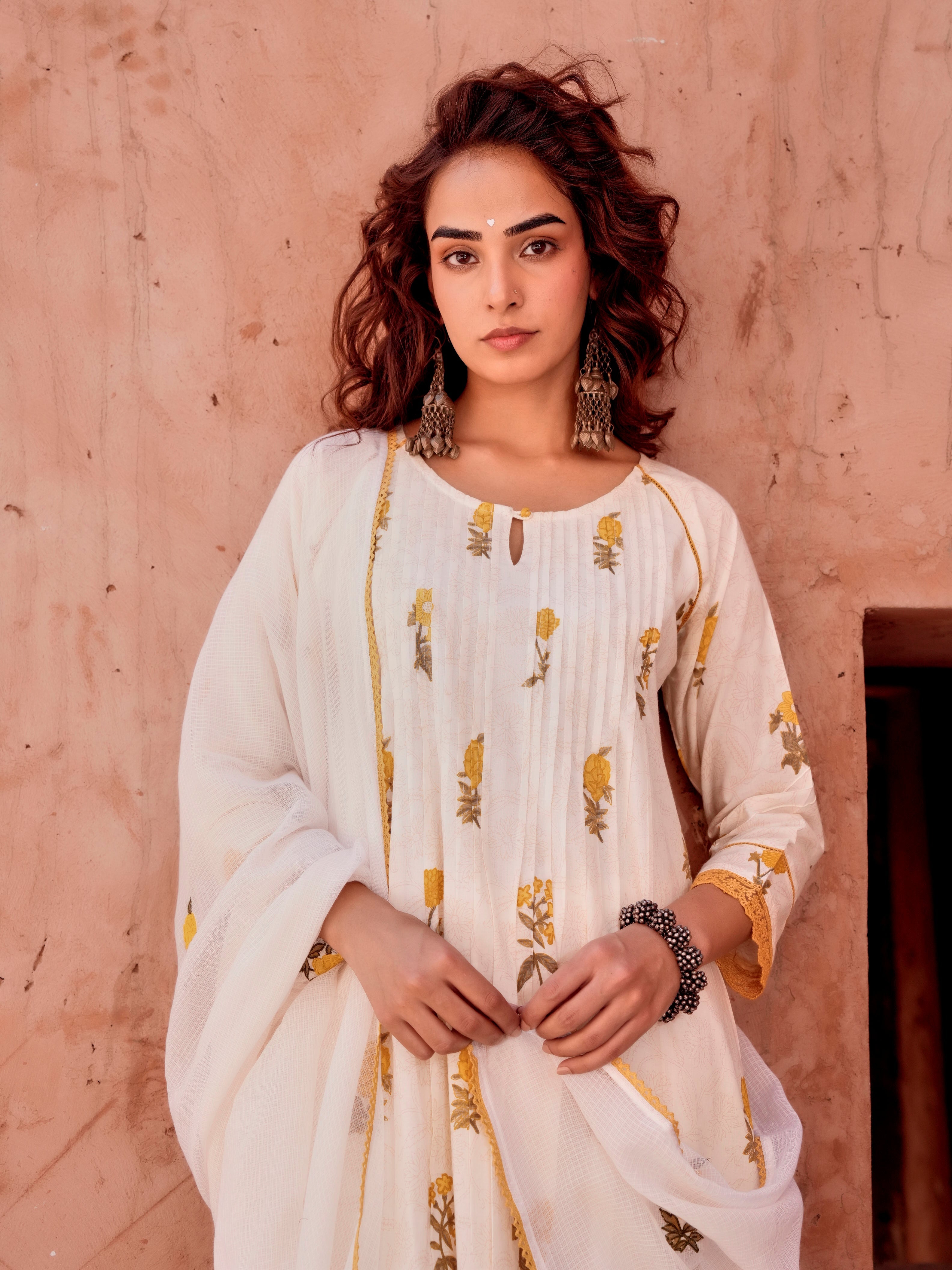 YELLOW FLORAL PRINT COTTON SUIT SET