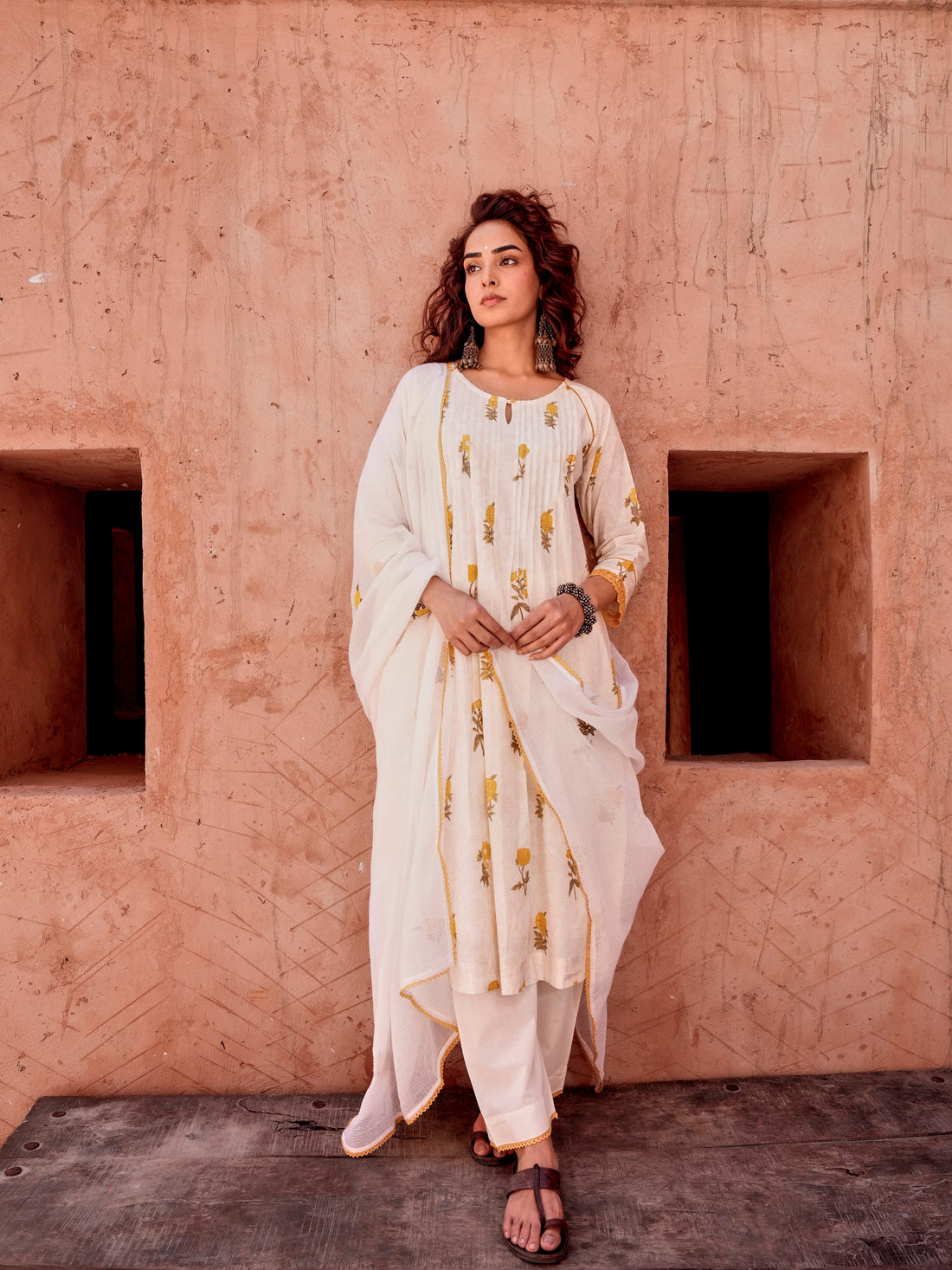 YELLOW FLORAL PRINT COTTON SUIT SET