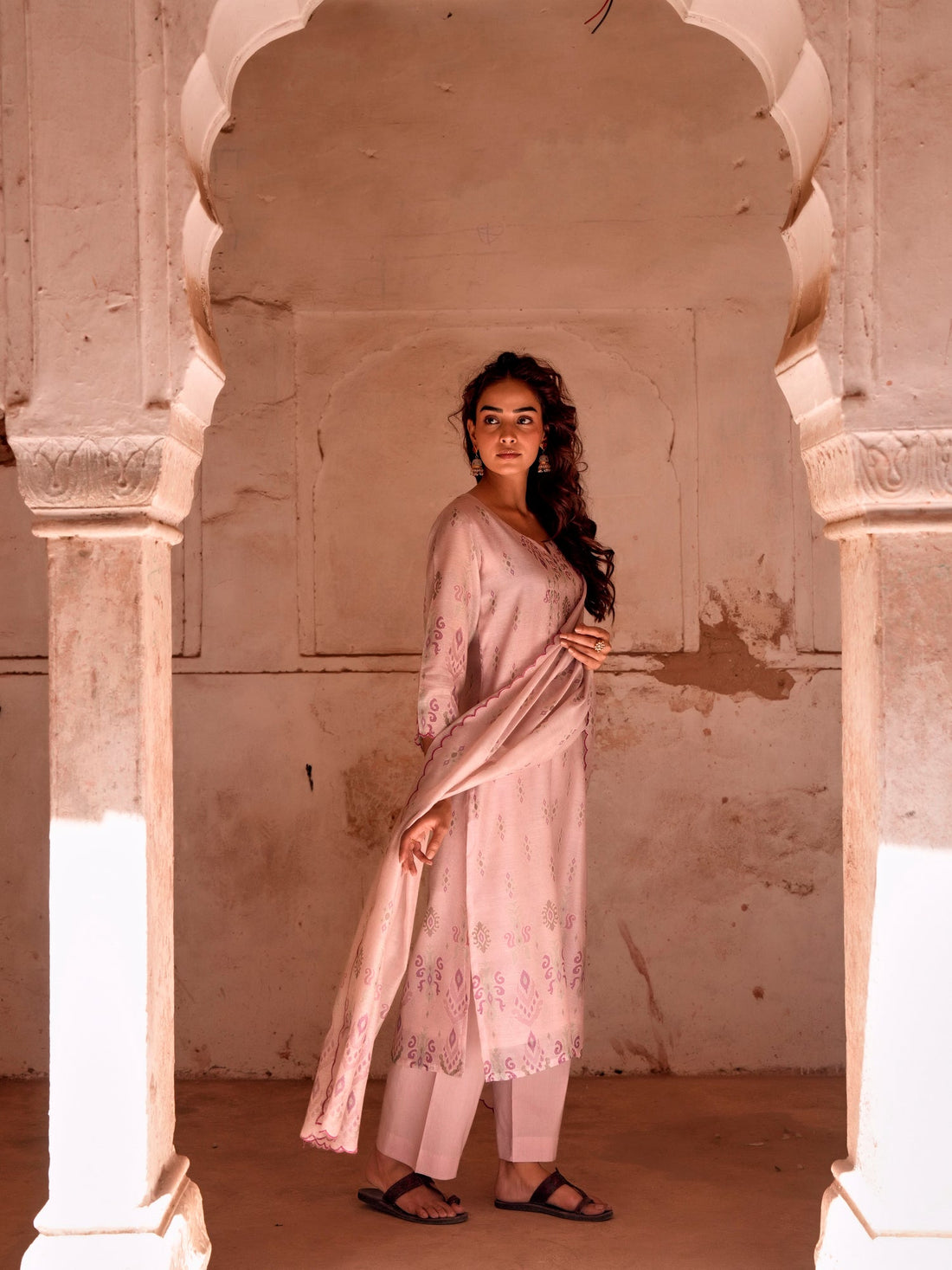 MAUVE EMBROIDERED CHANDERI SUIT SET