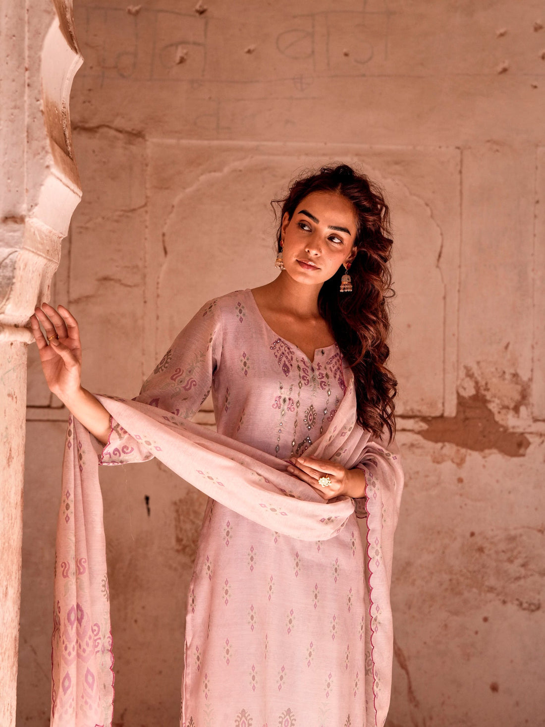 MAUVE EMBROIDERED CHANDERI SUIT SET