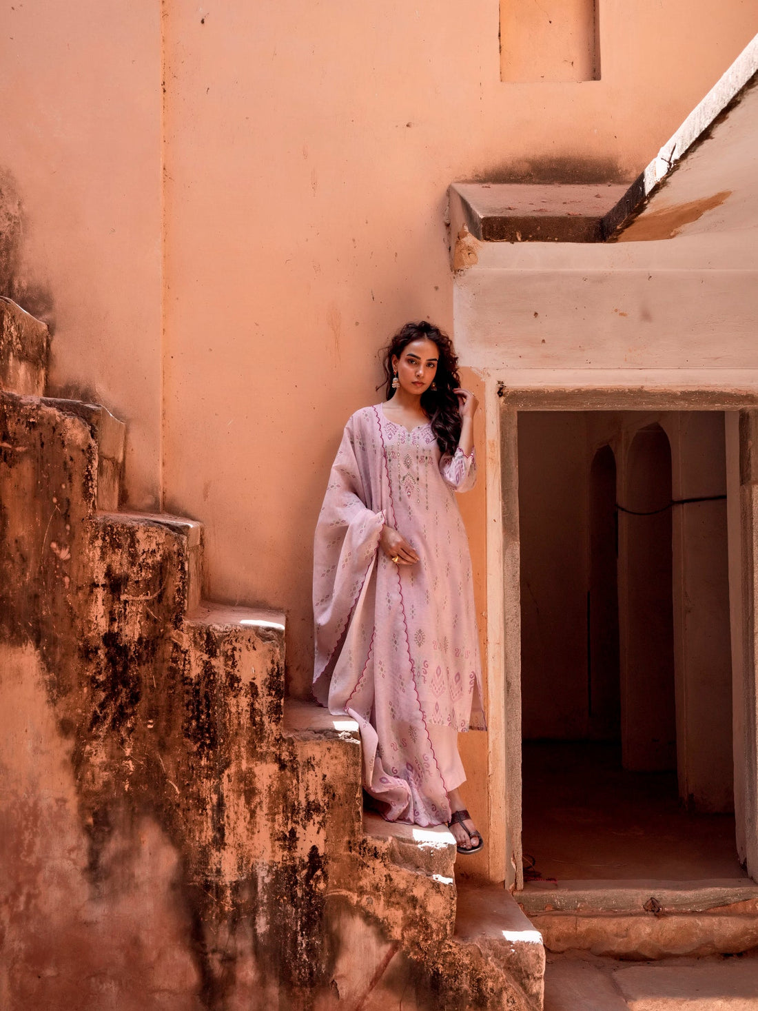 MAUVE EMBROIDERED CHANDERI SUIT SET