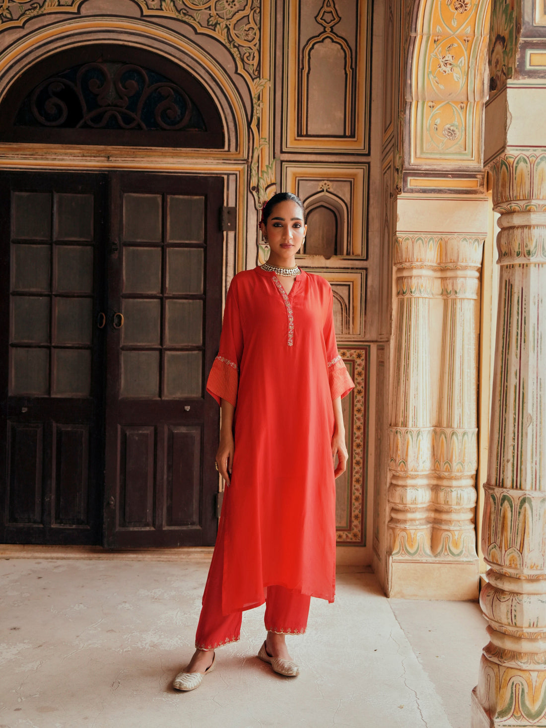 RED TABBY SILK  STRIPED KURTA SET