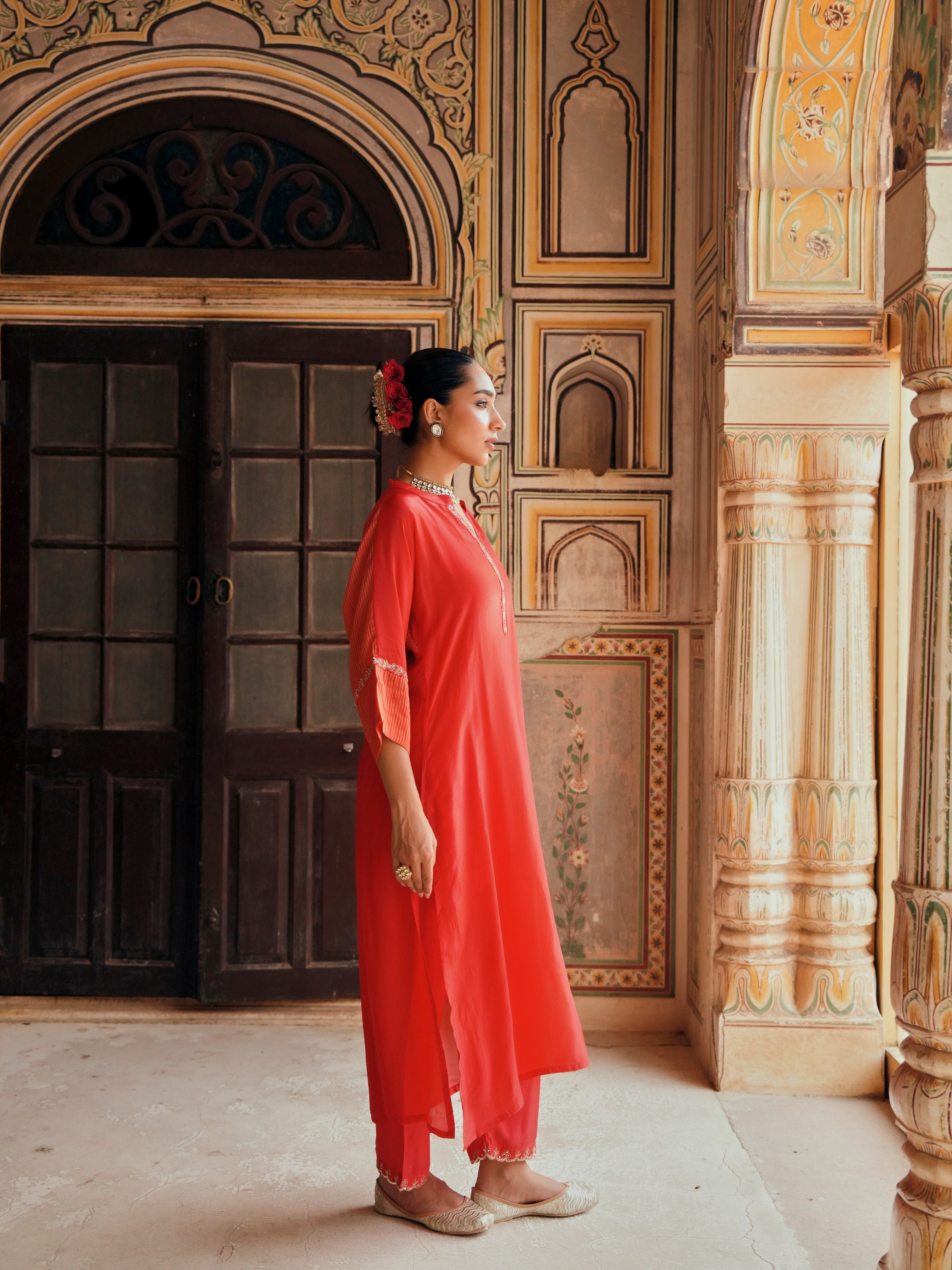 RED TABBY SILK  STRIPED KURTA SET