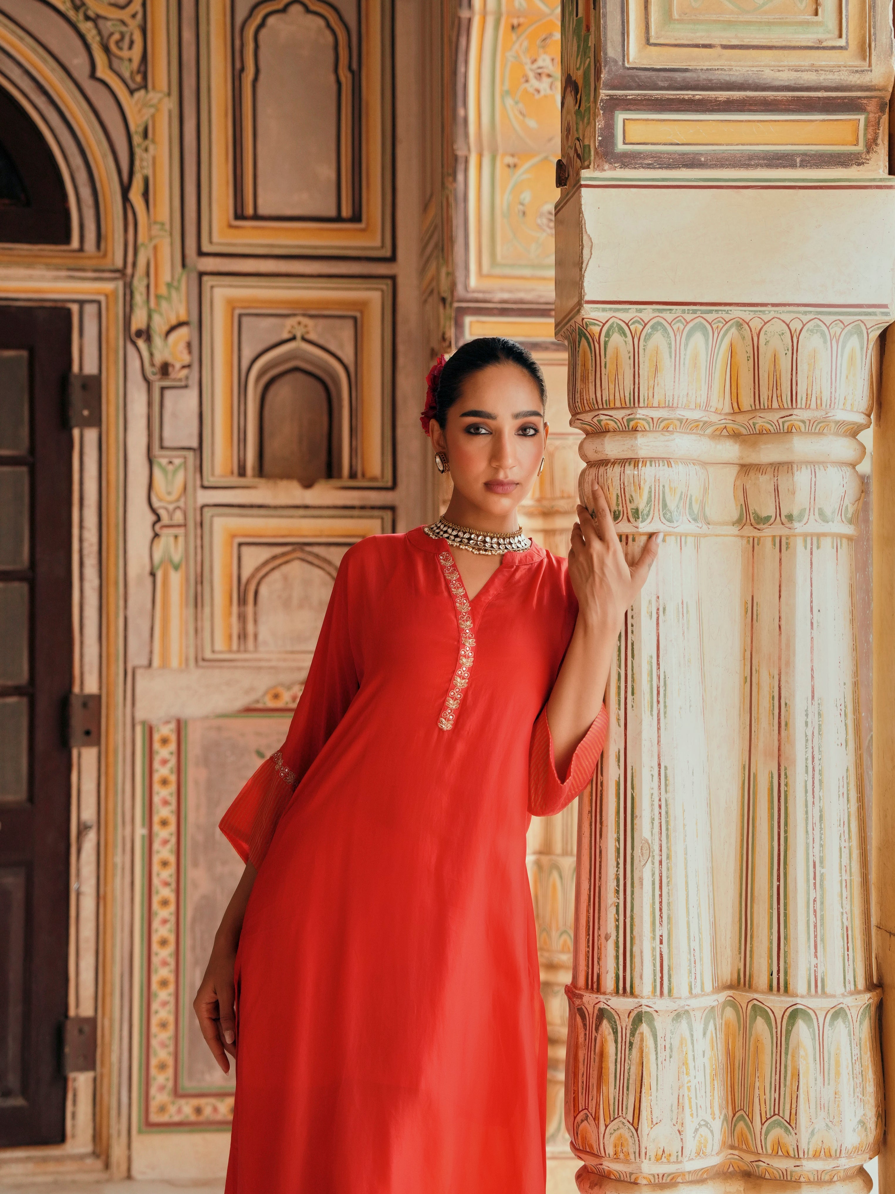 RED TABBY SILK  STRIPED KURTA SET