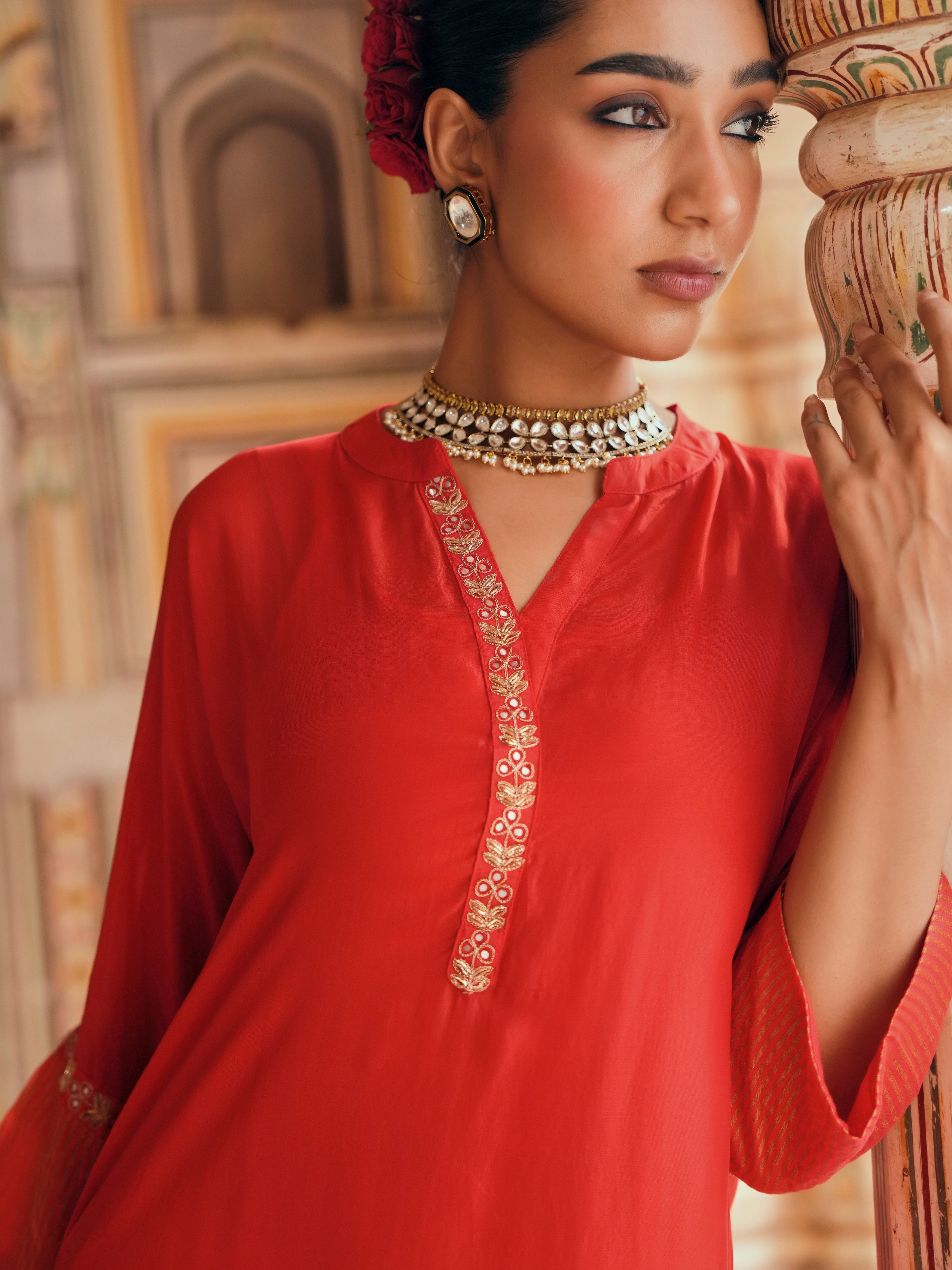 RED TABBY SILK  STRIPED KURTA SET