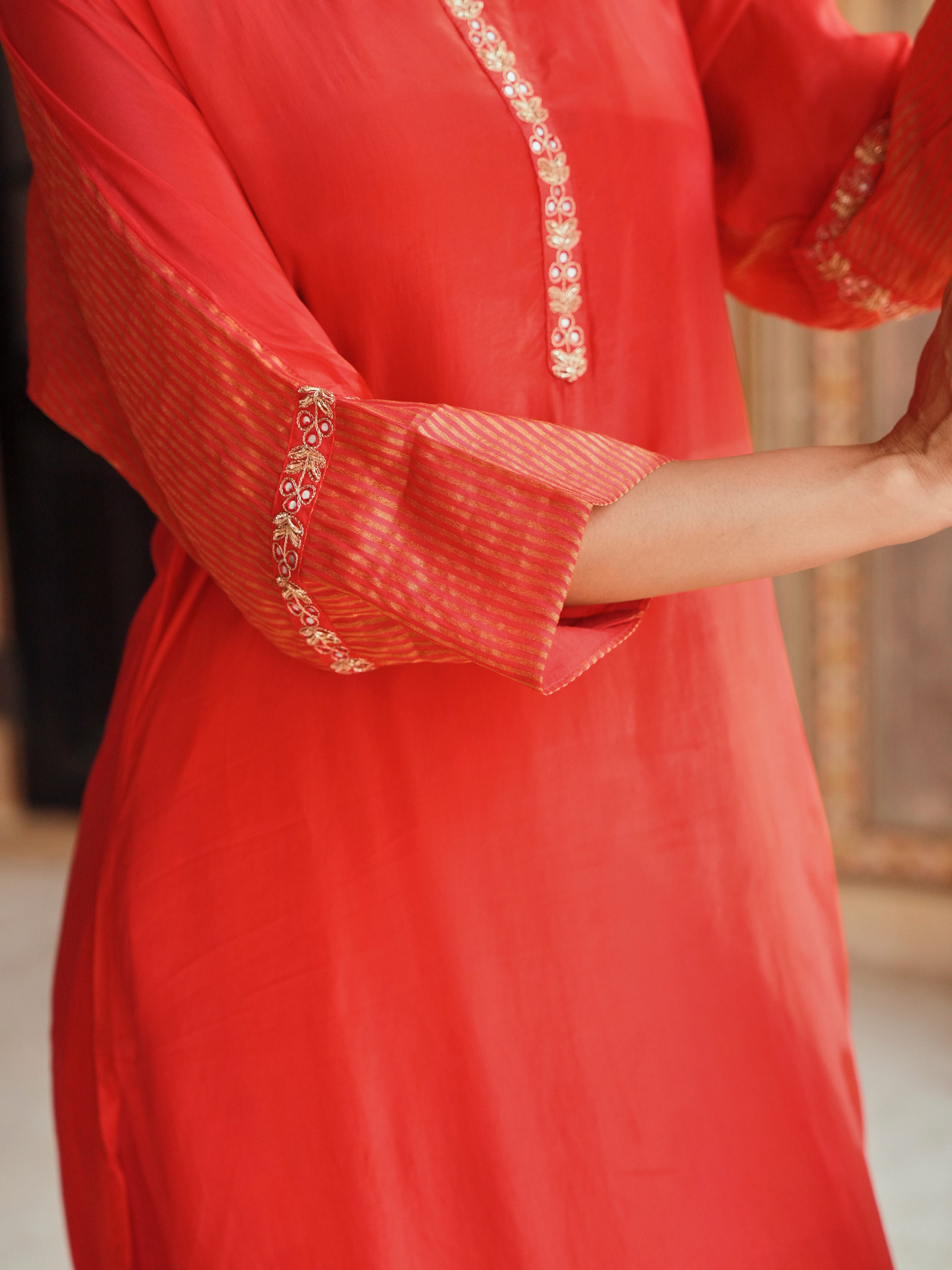 RED TABBY SILK  STRIPED KURTA SET
