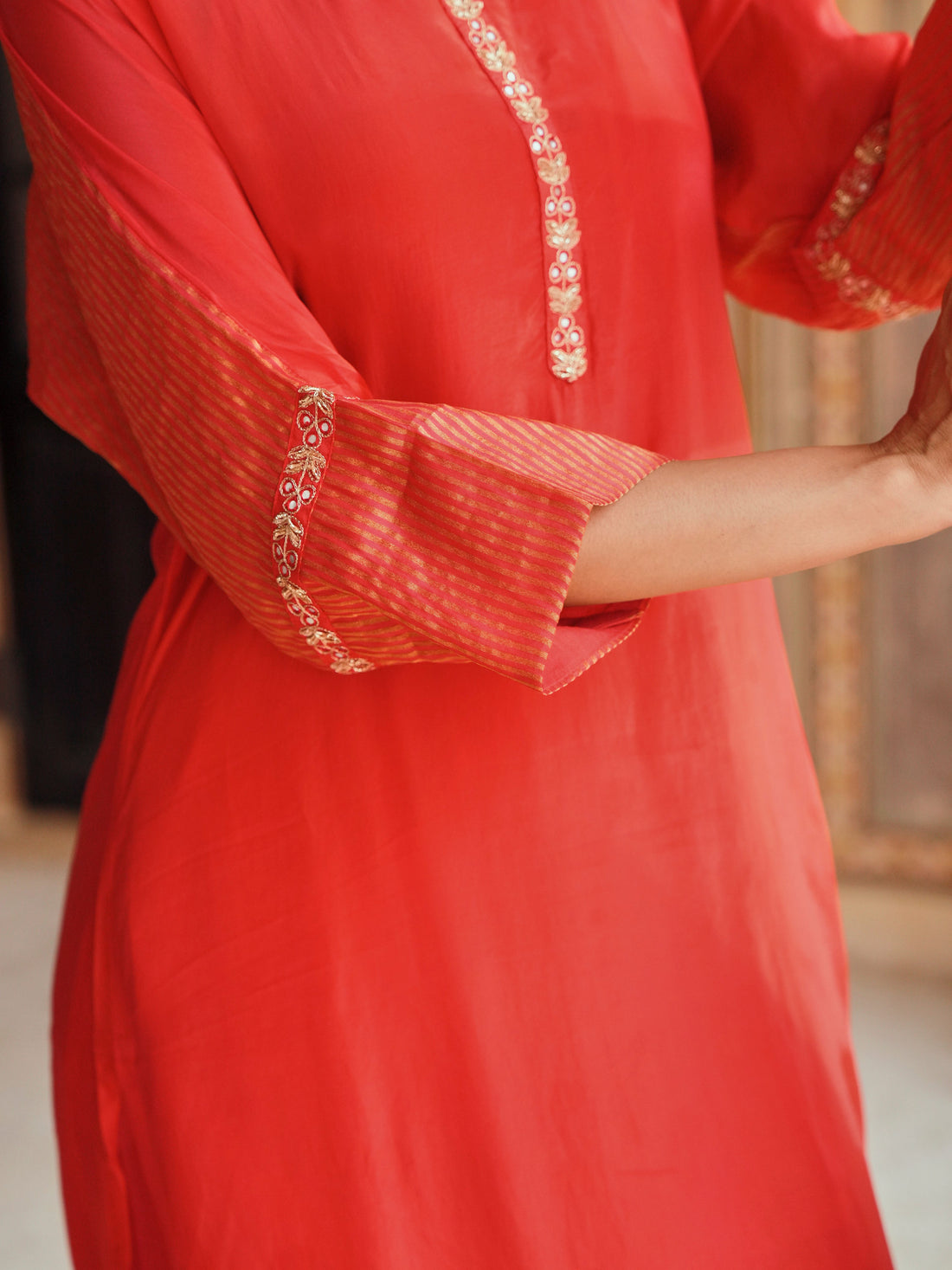 RED TABBY SILK  STRIPED KURTA SET