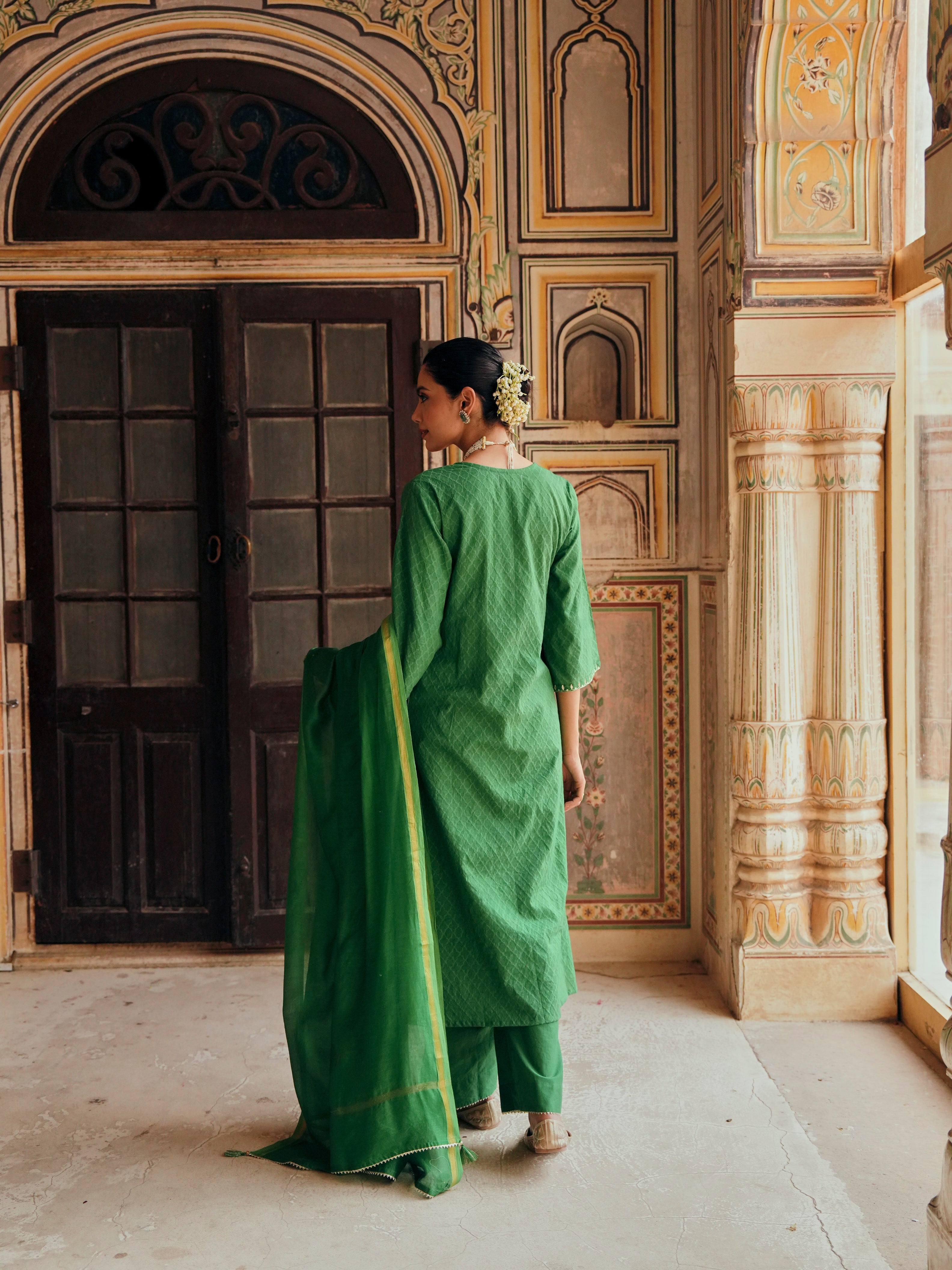 GREEN PURE BANARSI COTTON PATOLA KURTA SET