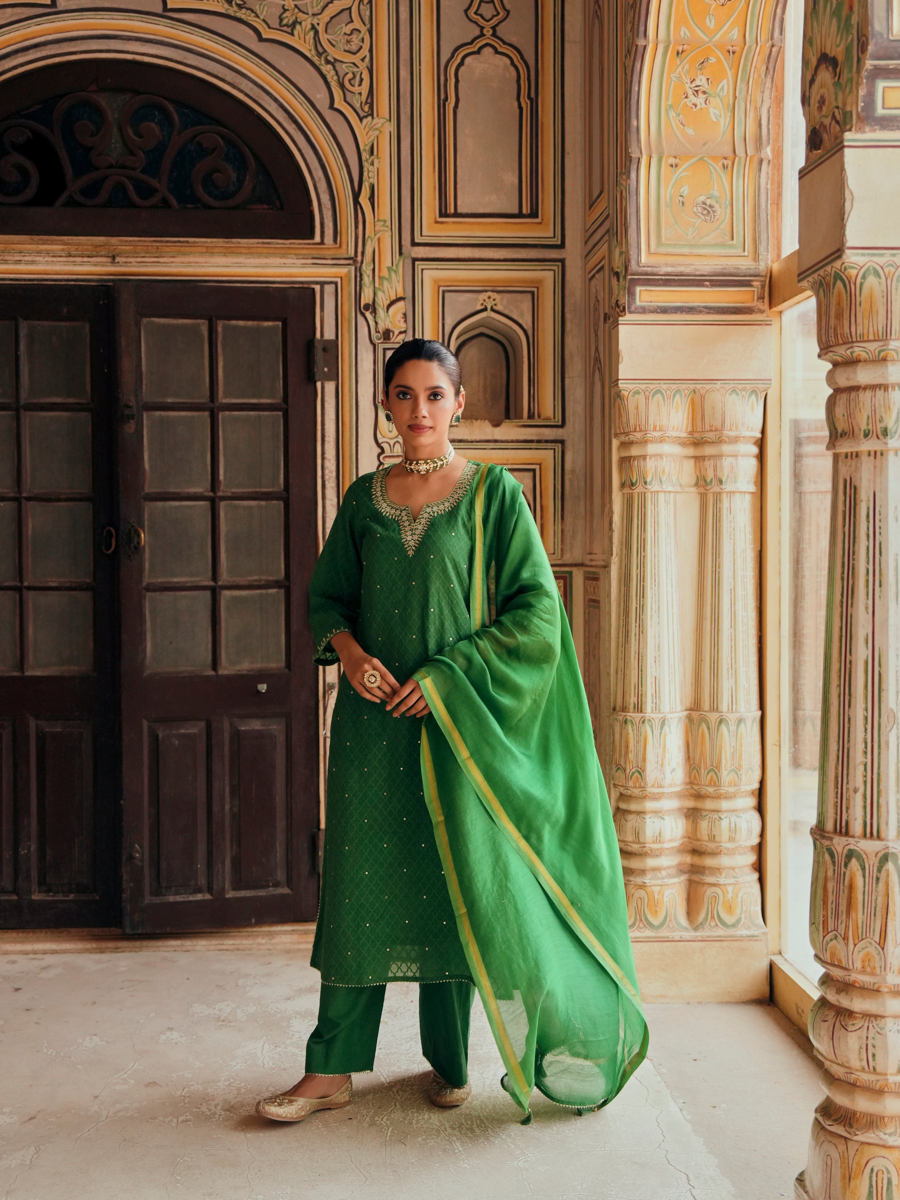 GREEN PURE BANARSI COTTON PATOLA KURTA SET