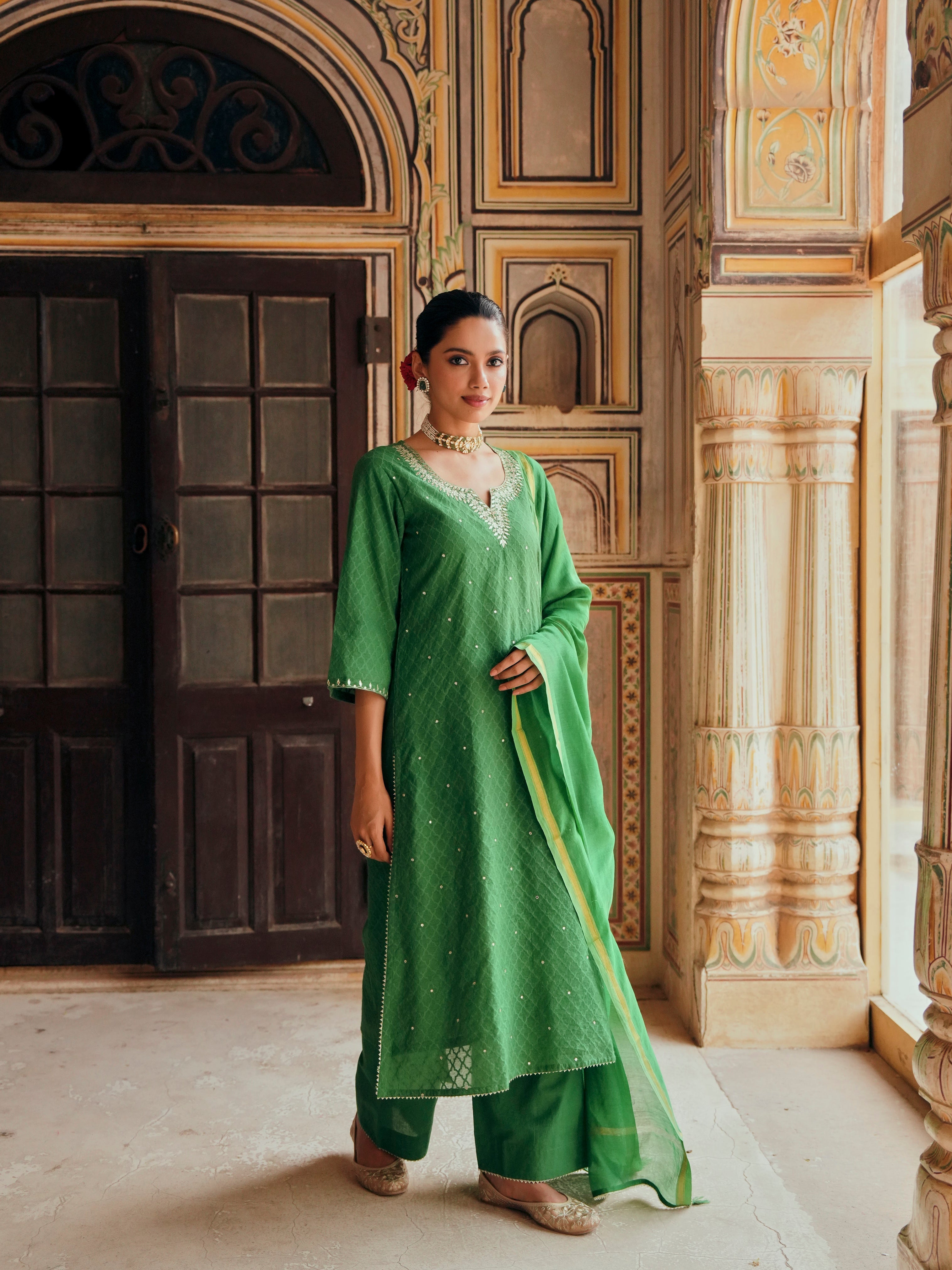 GREEN PURE BANARSI COTTON PATOLA KURTA SET