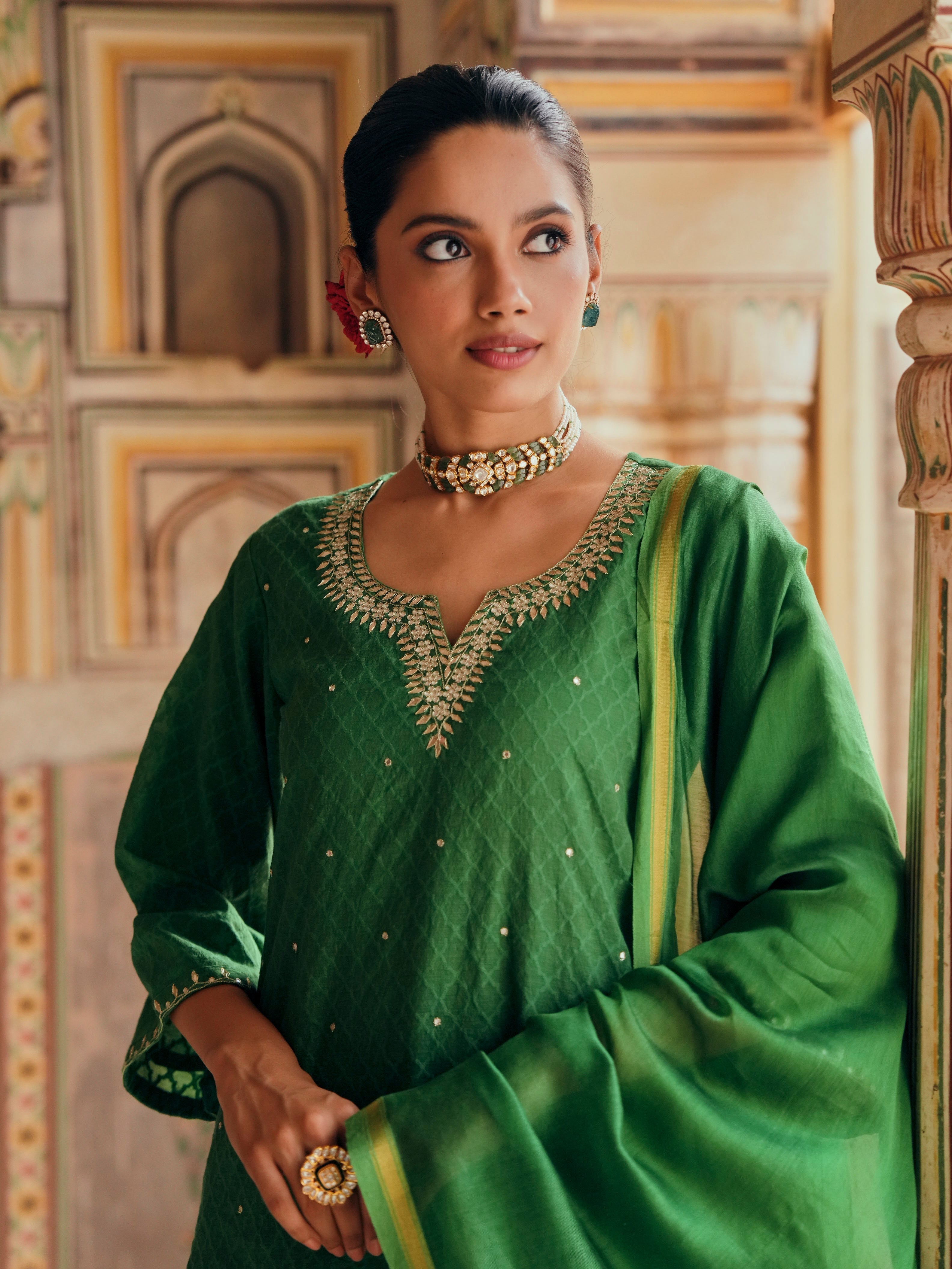 GREEN PURE BANARSI COTTON PATOLA KURTA SET