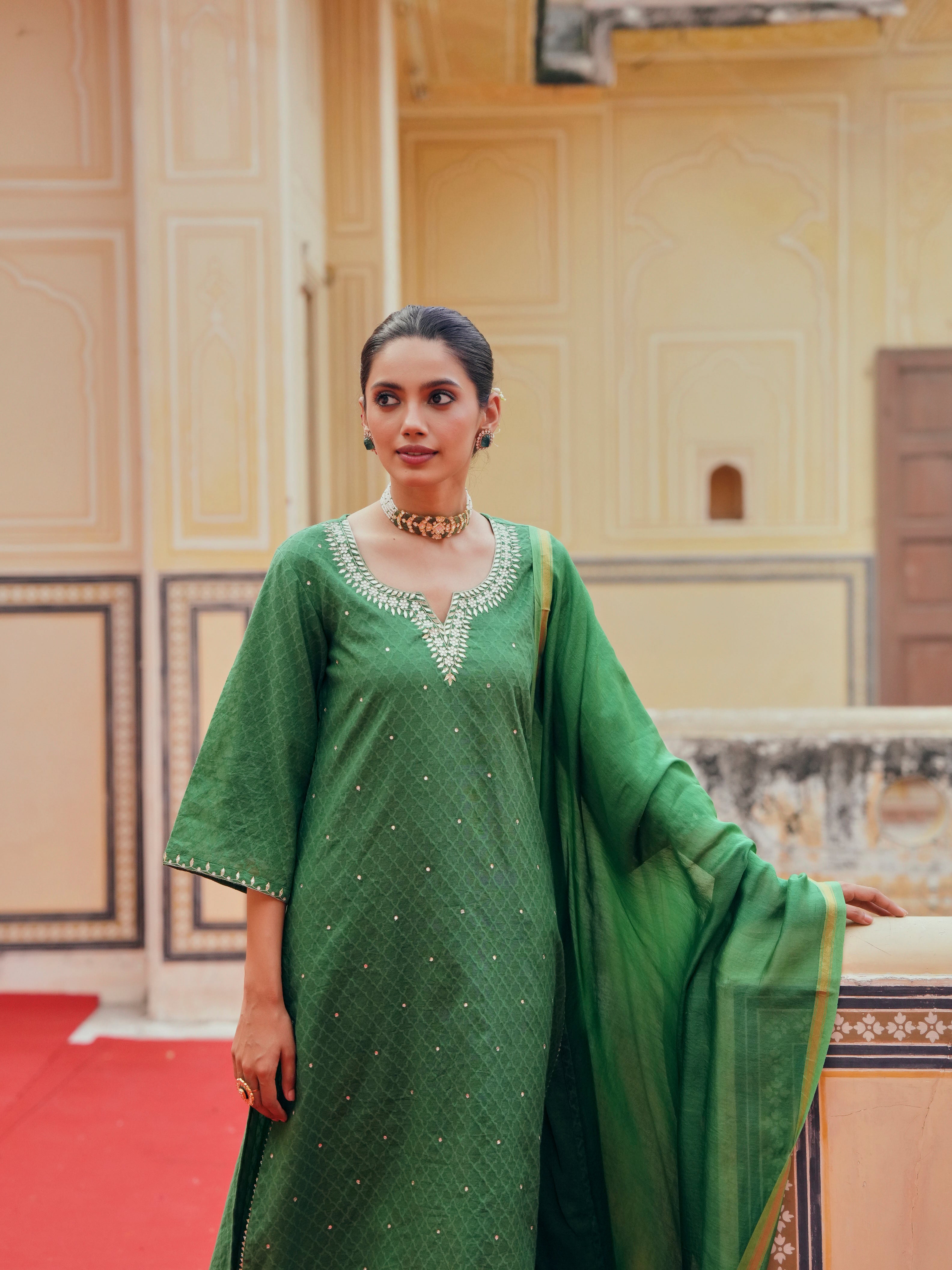 GREEN PURE BANARSI COTTON PATOLA KURTA SET