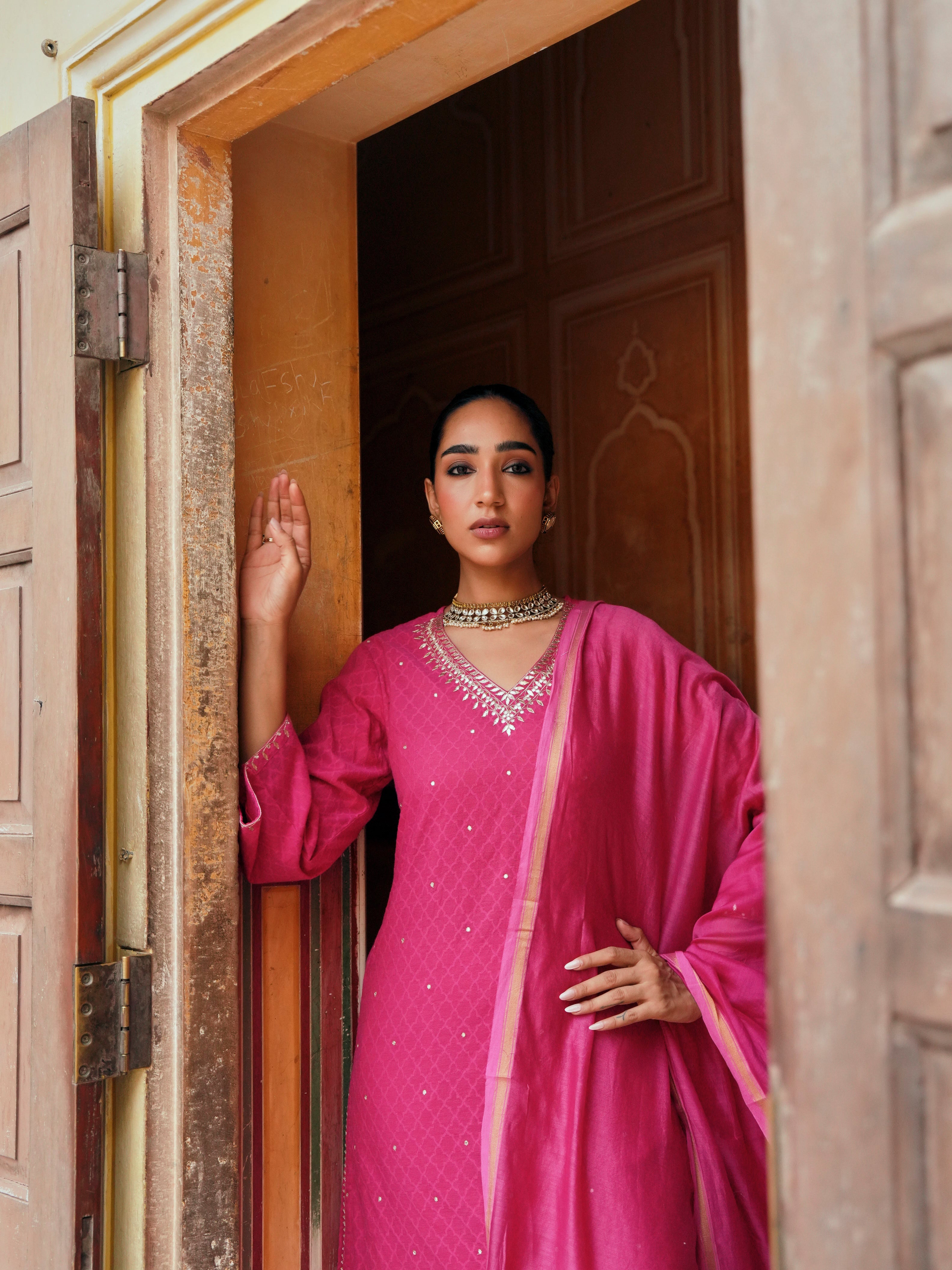 PINK PURE BANARSI COTTON PATOLA KURTA SET