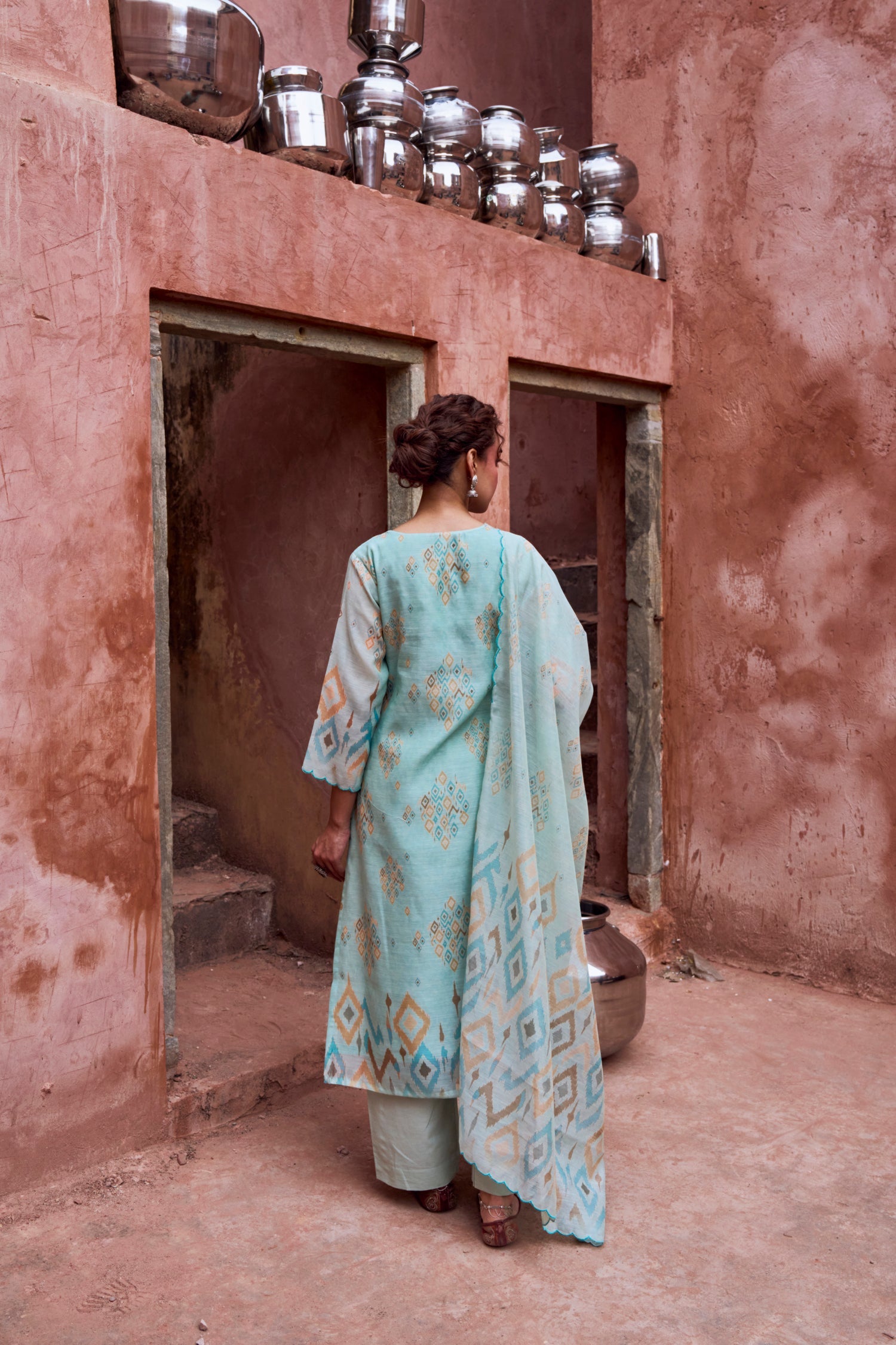 AQUA BLUE IKKAT PRINT CHANDERI KURTA SET