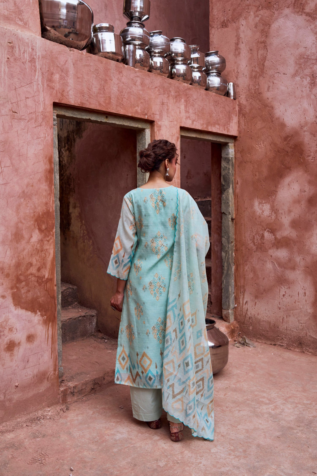 AQUA BLUE IKKAT PRINT CHANDERI KURTA SET