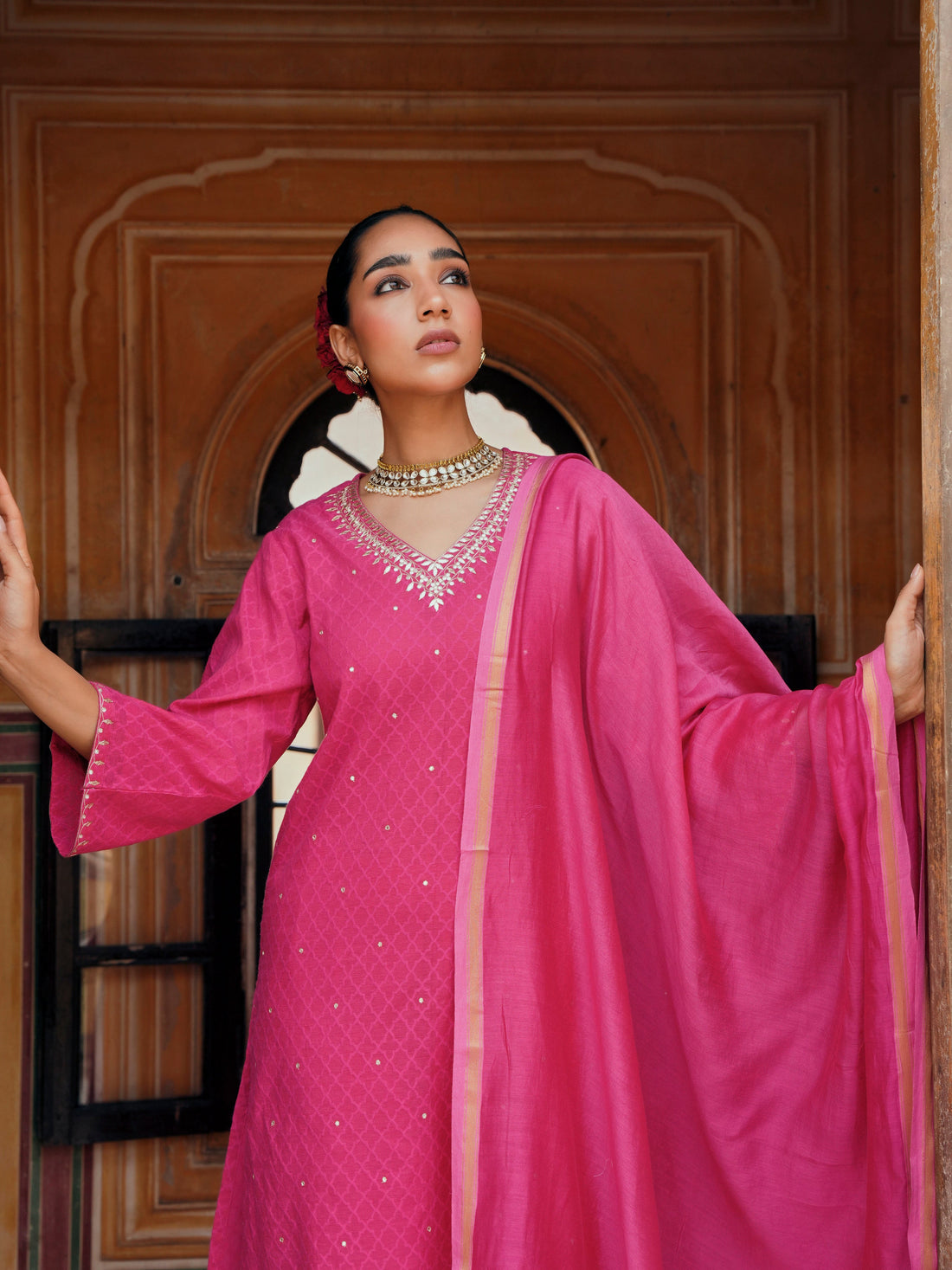 PINK PURE BANARSI COTTON PATOLA KURTA SET