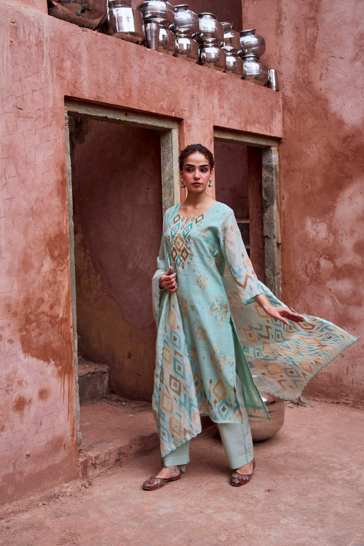 AQUA BLUE IKKAT PRINT CHANDERI KURTA SET