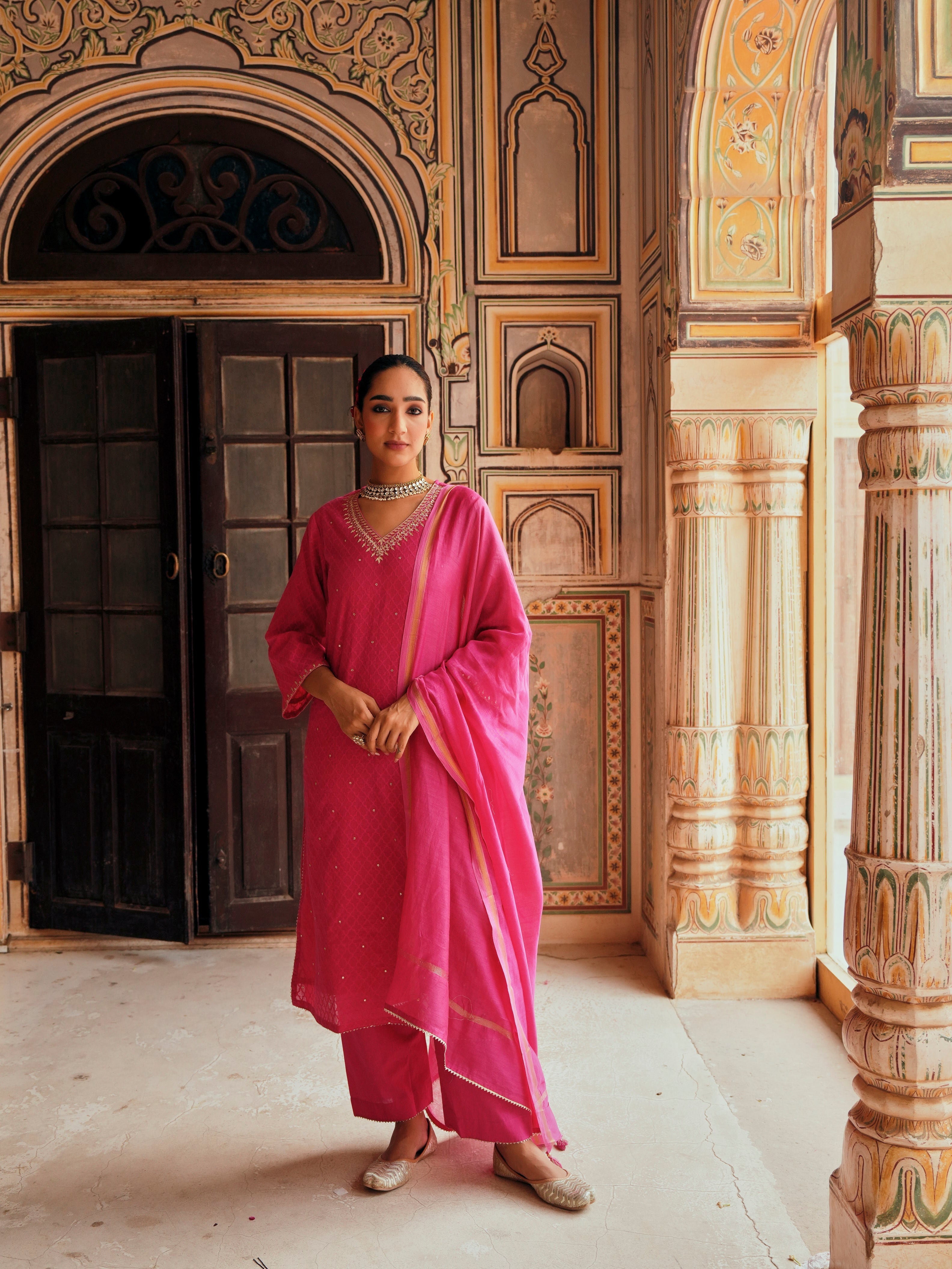 PINK PURE BANARSI COTTON PATOLA KURTA SET