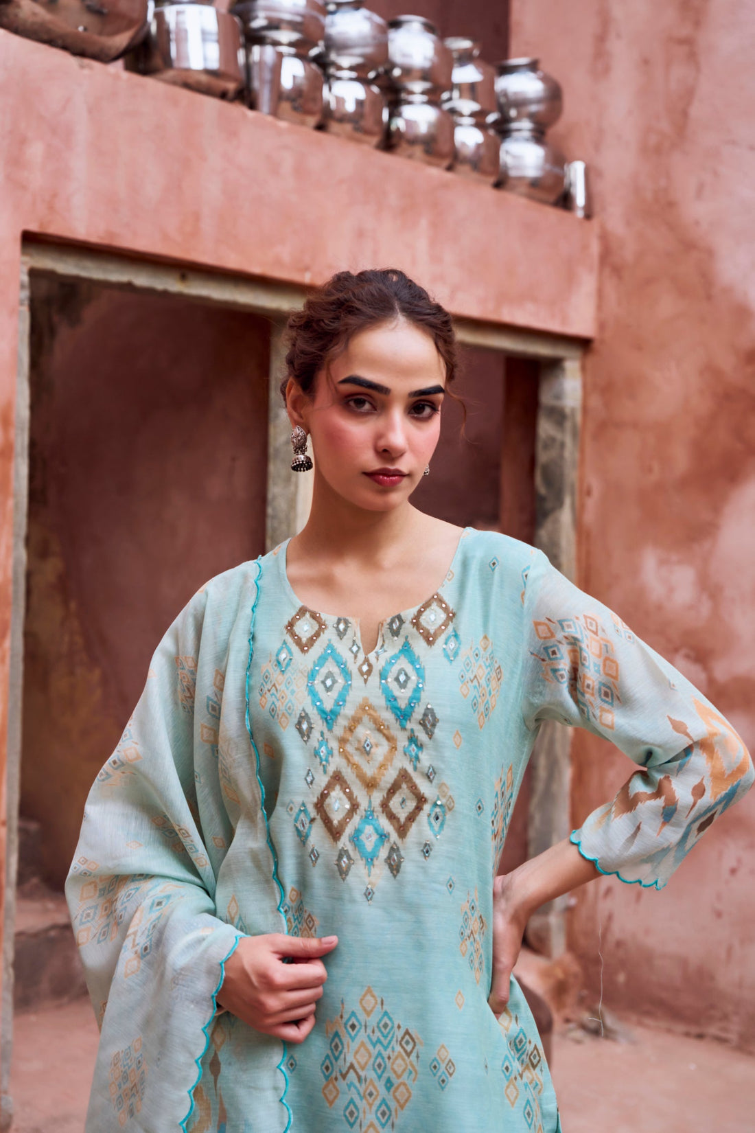 AQUA BLUE IKKAT PRINT CHANDERI KURTA SET