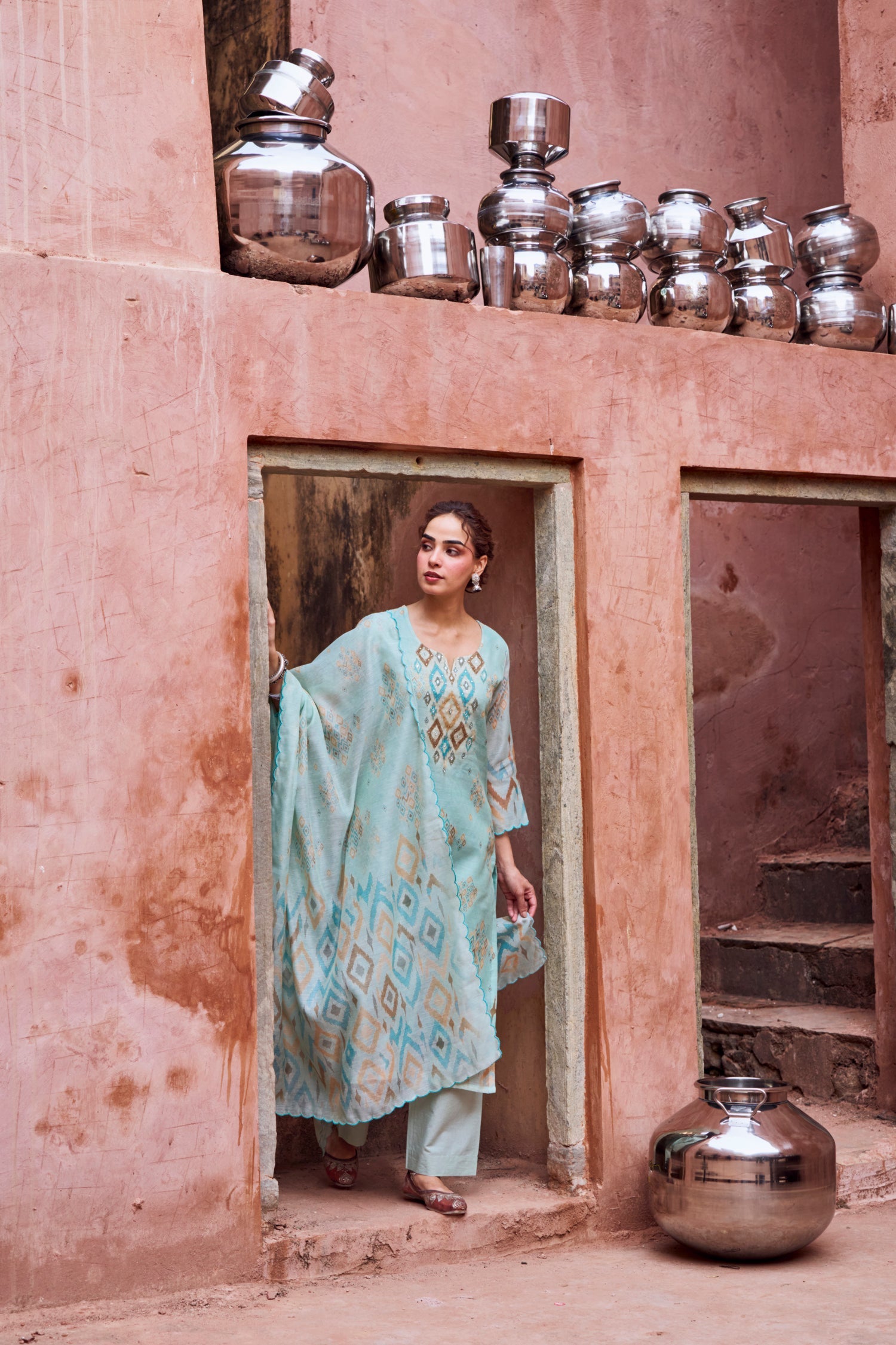 AQUA BLUE IKKAT PRINT CHANDERI KURTA SET