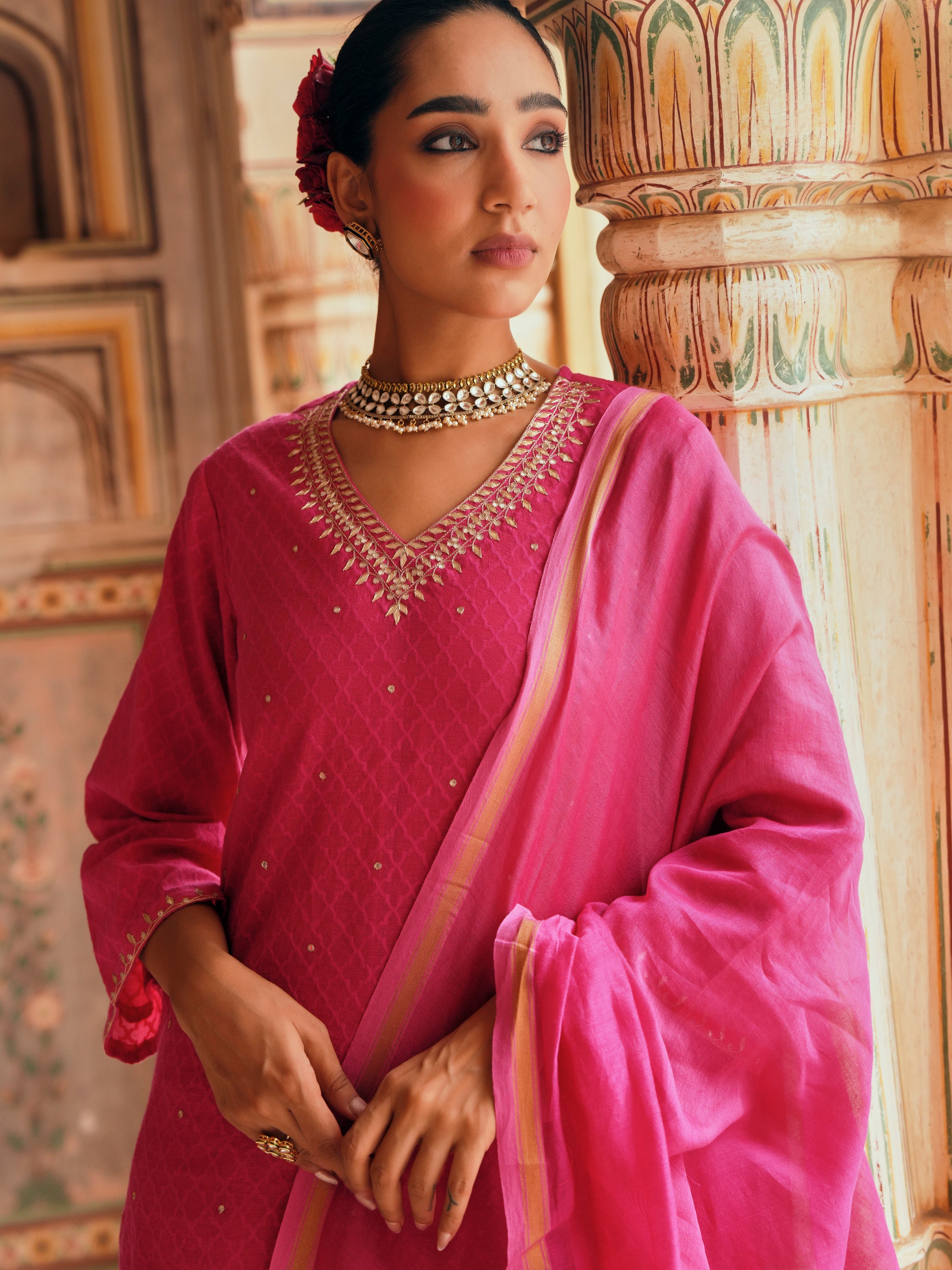 PINK PURE BANARSI COTTON PATOLA KURTA SET