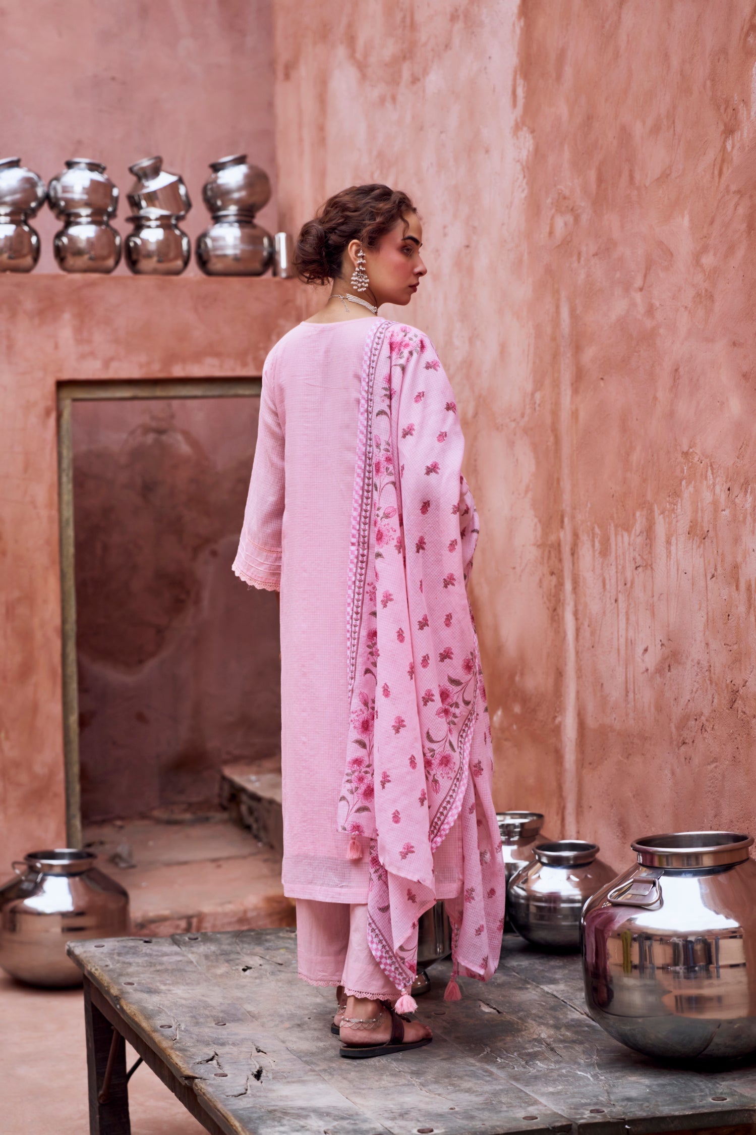 PINK BEAD WORK SUIT SET IN KOTA DORIYA