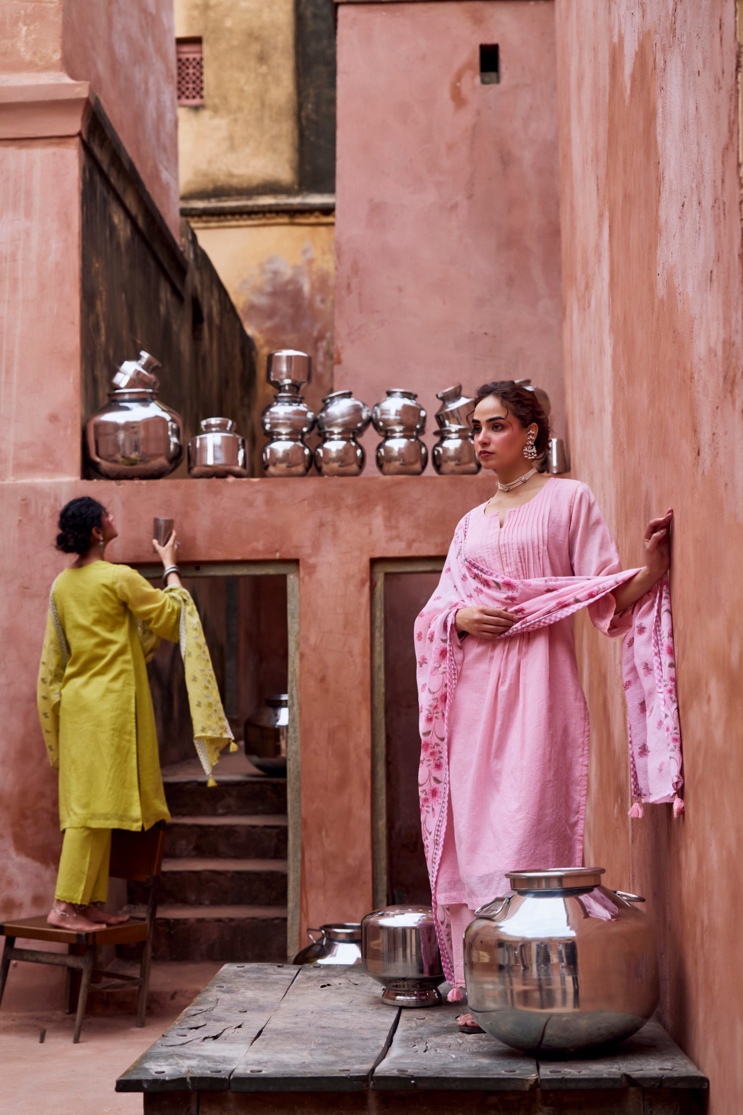 PINK BEAD WORK SUIT SET IN KOTA DORIYA