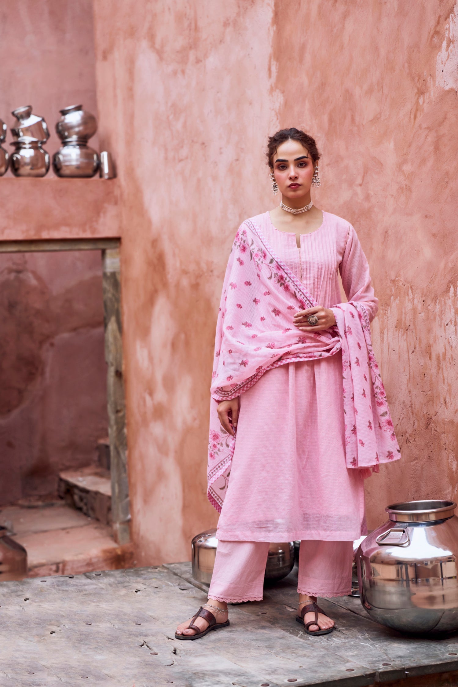 PINK BEAD WORK SUIT SET IN KOTA DORIYA