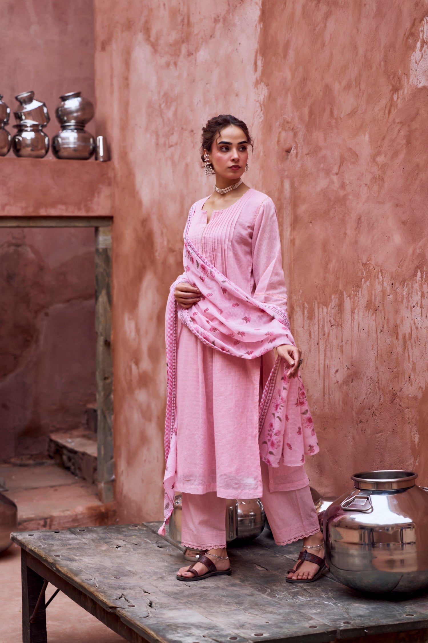 PINK BEAD WORK SUIT SET IN KOTA DORIYA