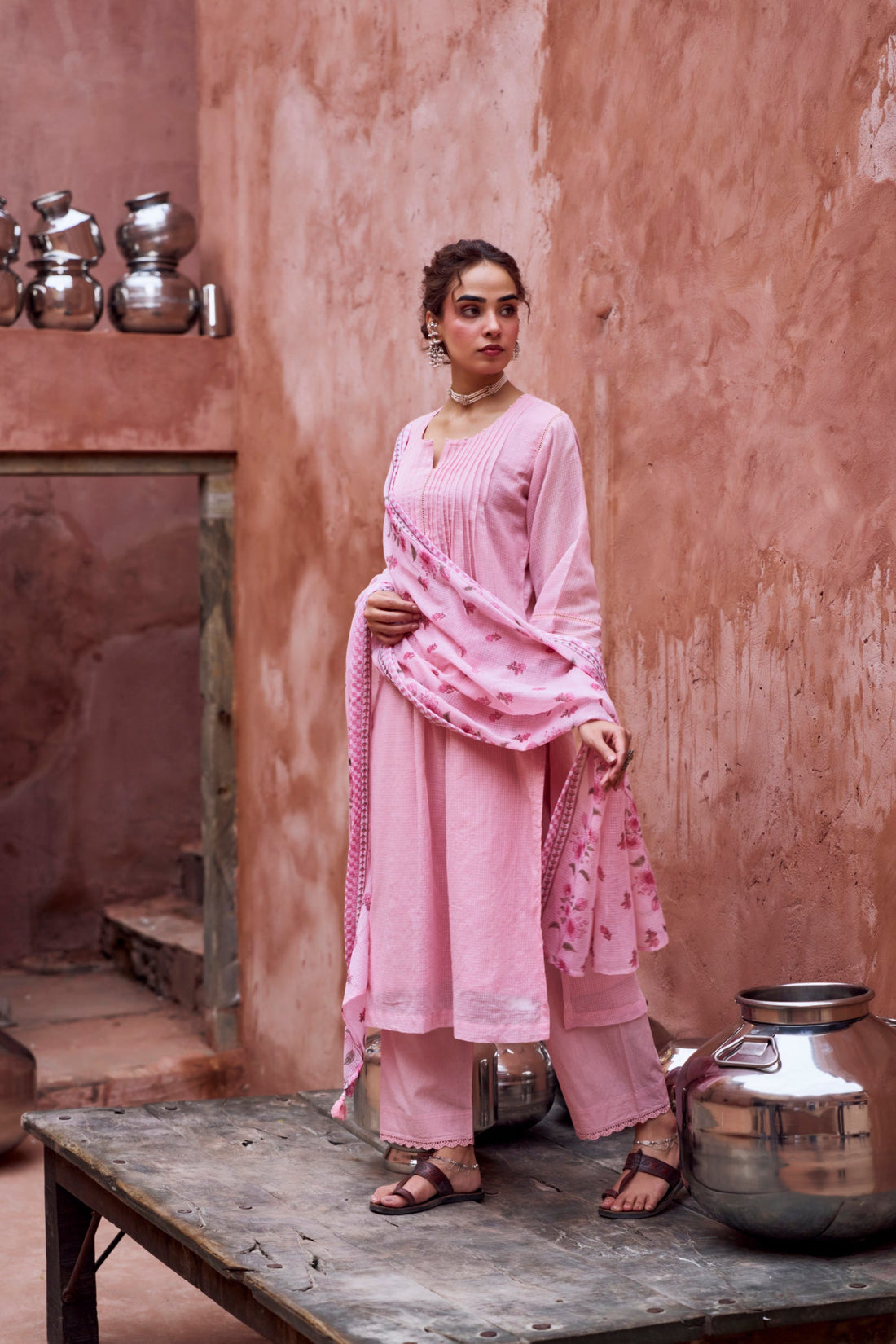 PINK BEAD WORK SUIT SET IN KOTA DORIYA