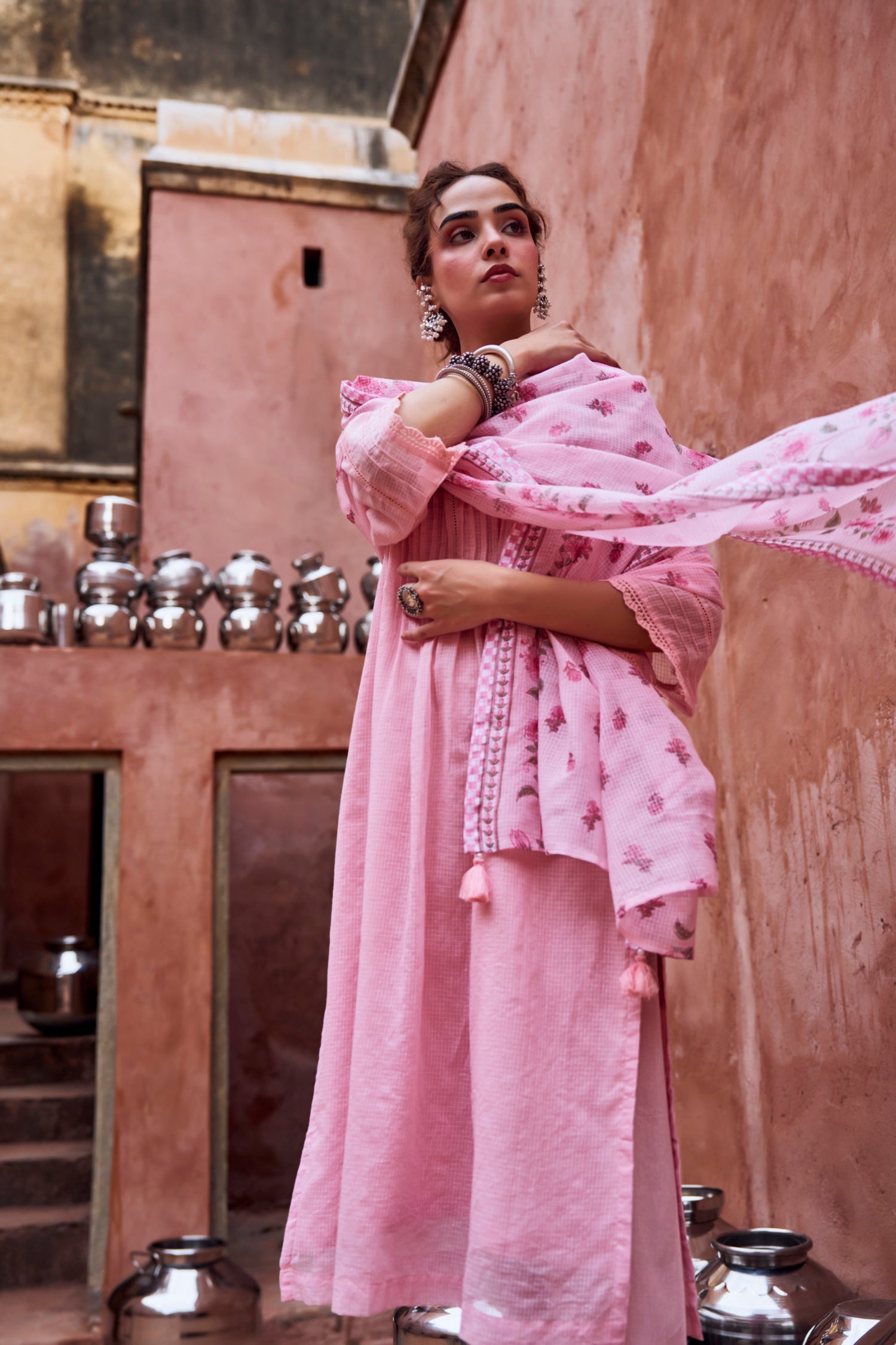 PINK BEAD WORK SUIT SET IN KOTA DORIYA
