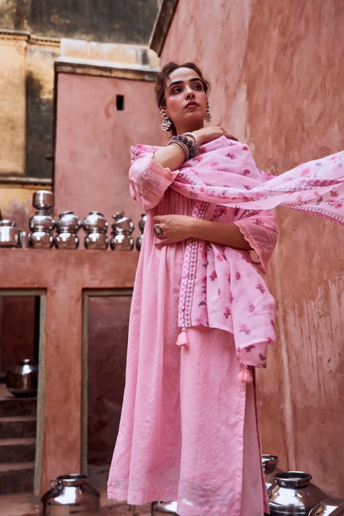 PINK BEAD WORK SUIT SET IN KOTA DORIYA