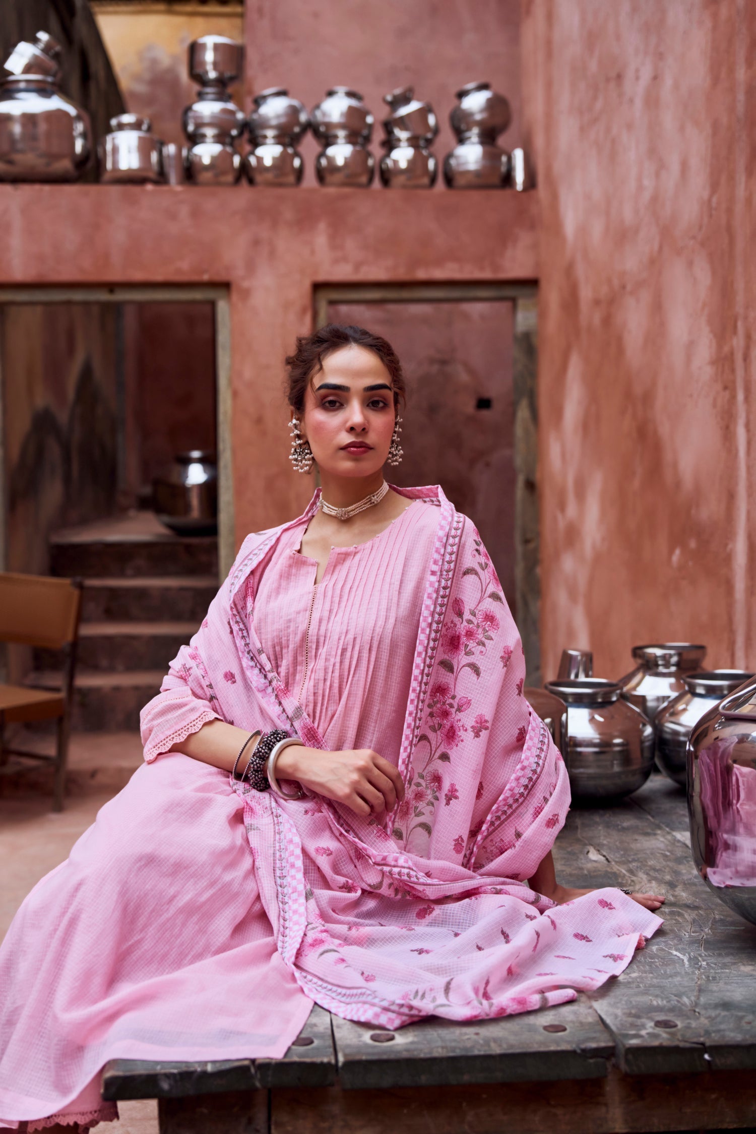 PINK BEAD WORK SUIT SET IN KOTA DORIYA
