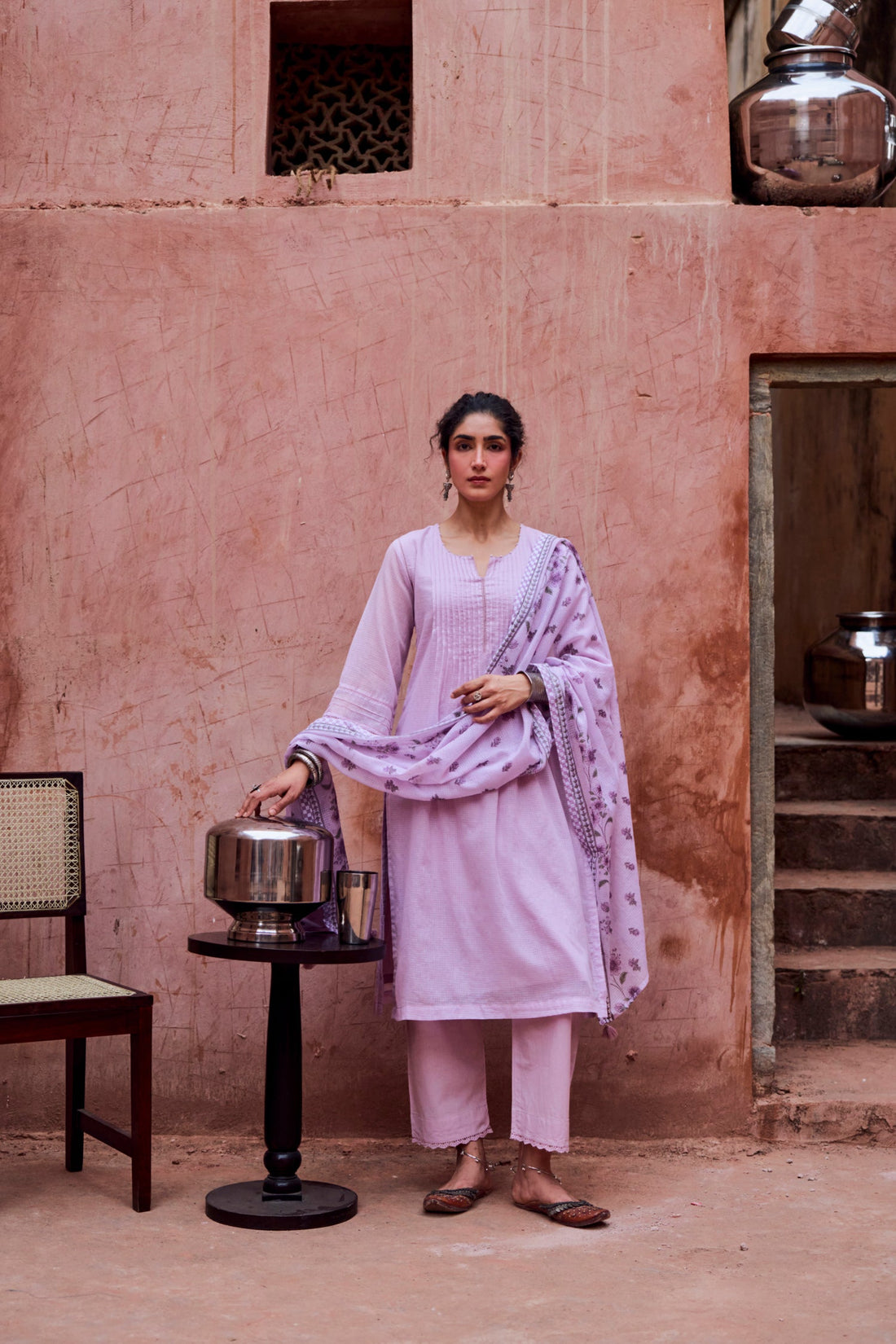 LILAC KOTA DORIYA SUIT SET WITH PRINTED DUPATTA