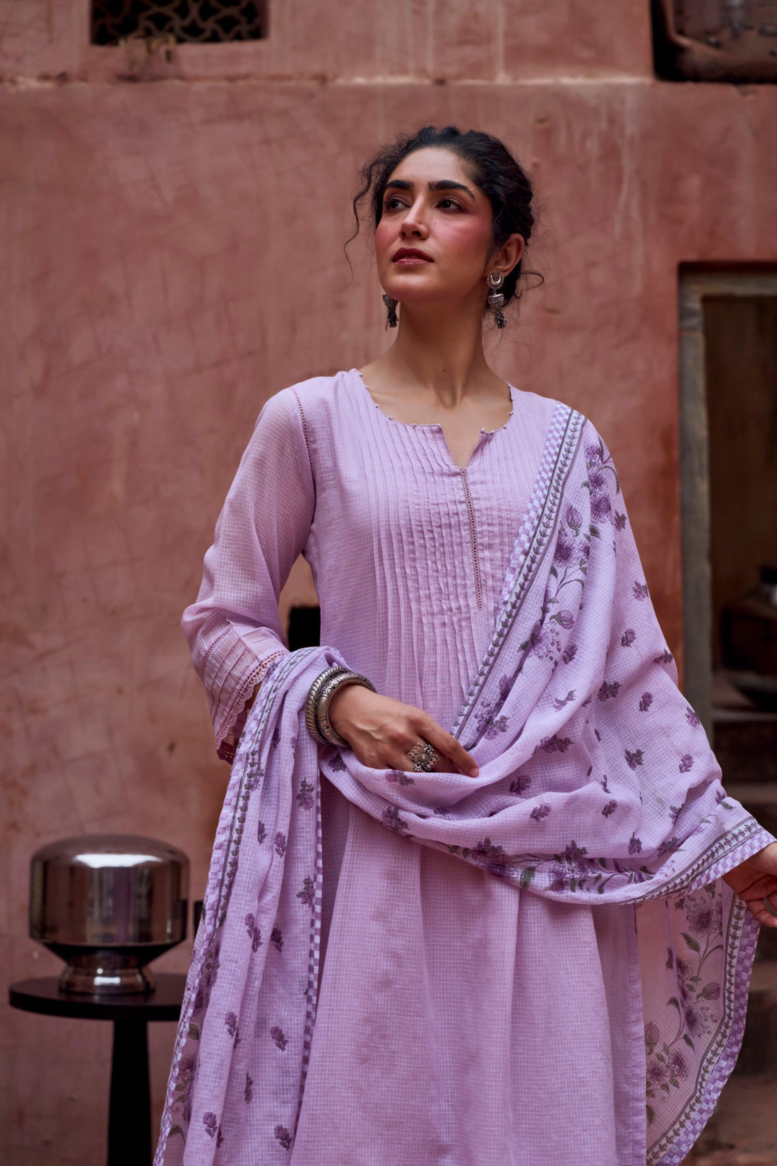 LILAC KOTA DORIYA SUIT SET WITH PRINTED DUPATTA