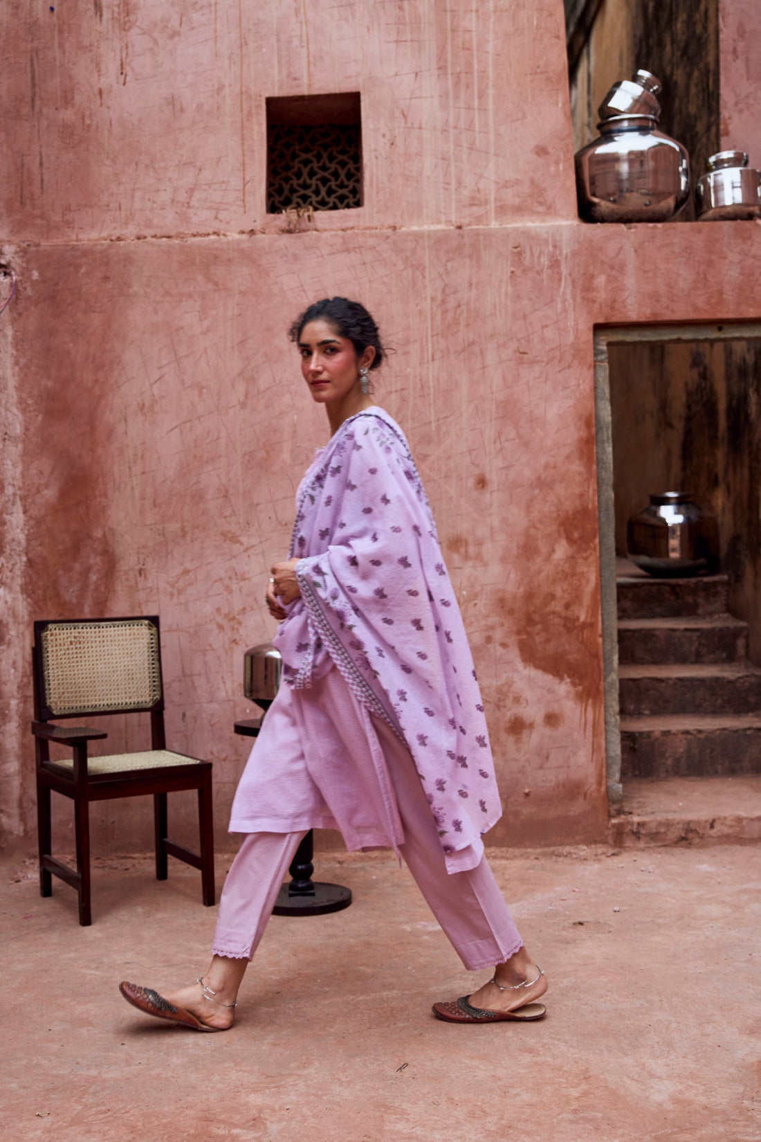 LILAC KOTA DORIYA SUIT SET WITH PRINTED DUPATTA