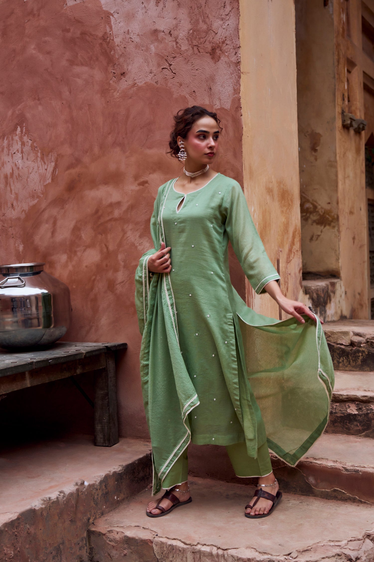 GREEN BEADWORK KOTA DORIA SUIT SET
