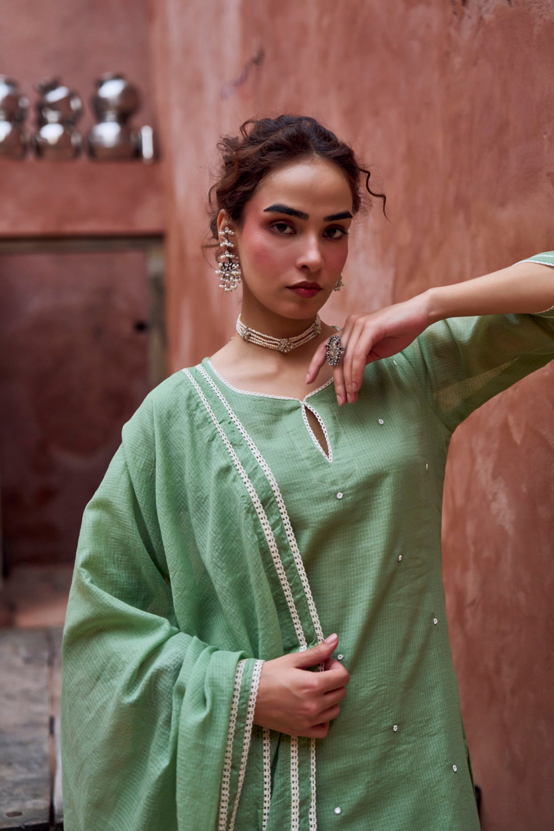 GREEN BEADWORK KOTA DORIA SUIT SET