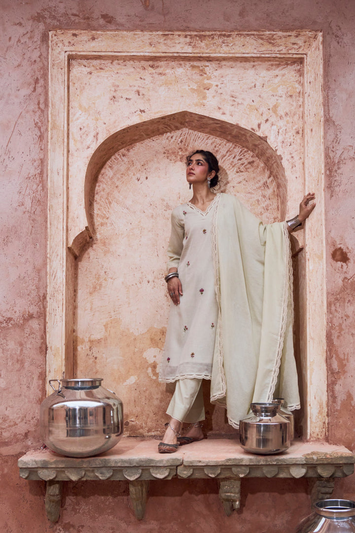 BEIGE EMBROIDERED SUIT SET IN KOTA DORIA