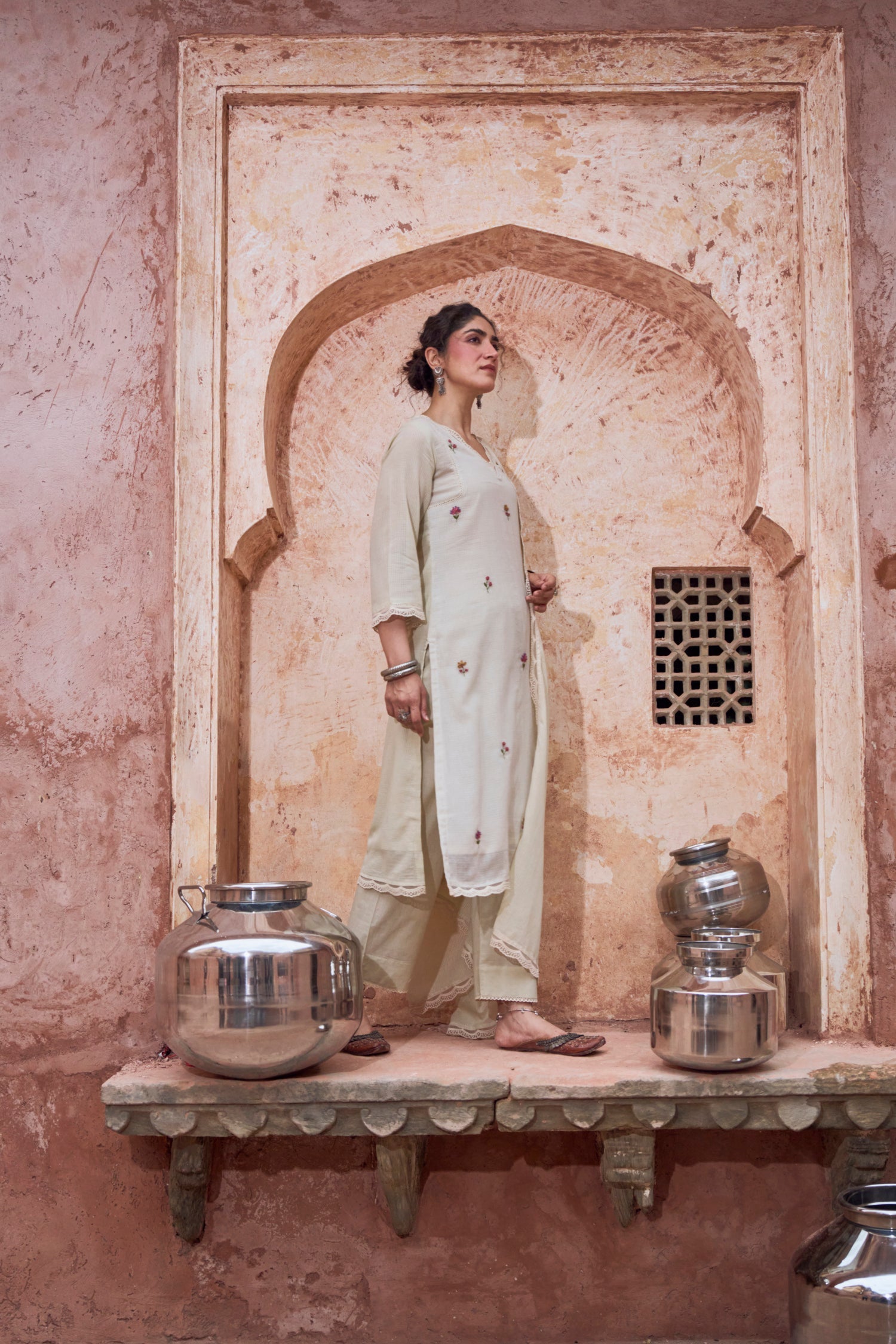 BEIGE EMBROIDERED SUIT SET IN KOTA DORIA