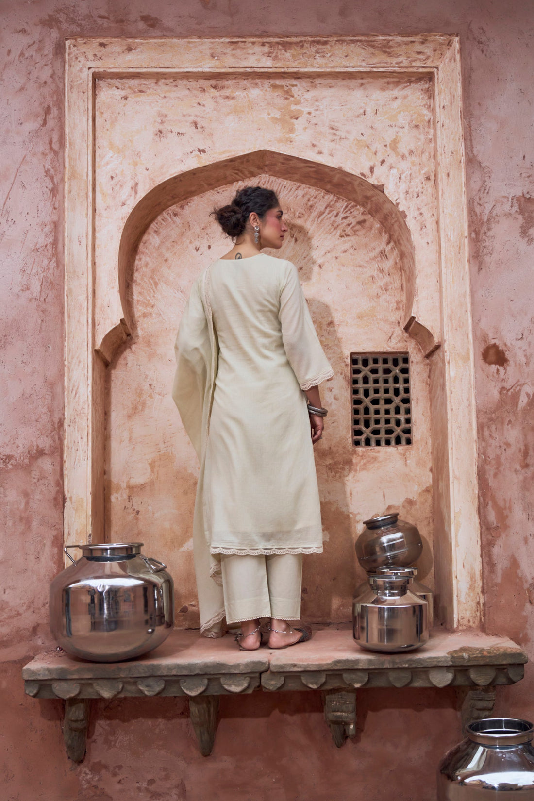 BEIGE EMBROIDERED SUIT SET IN KOTA DORIA