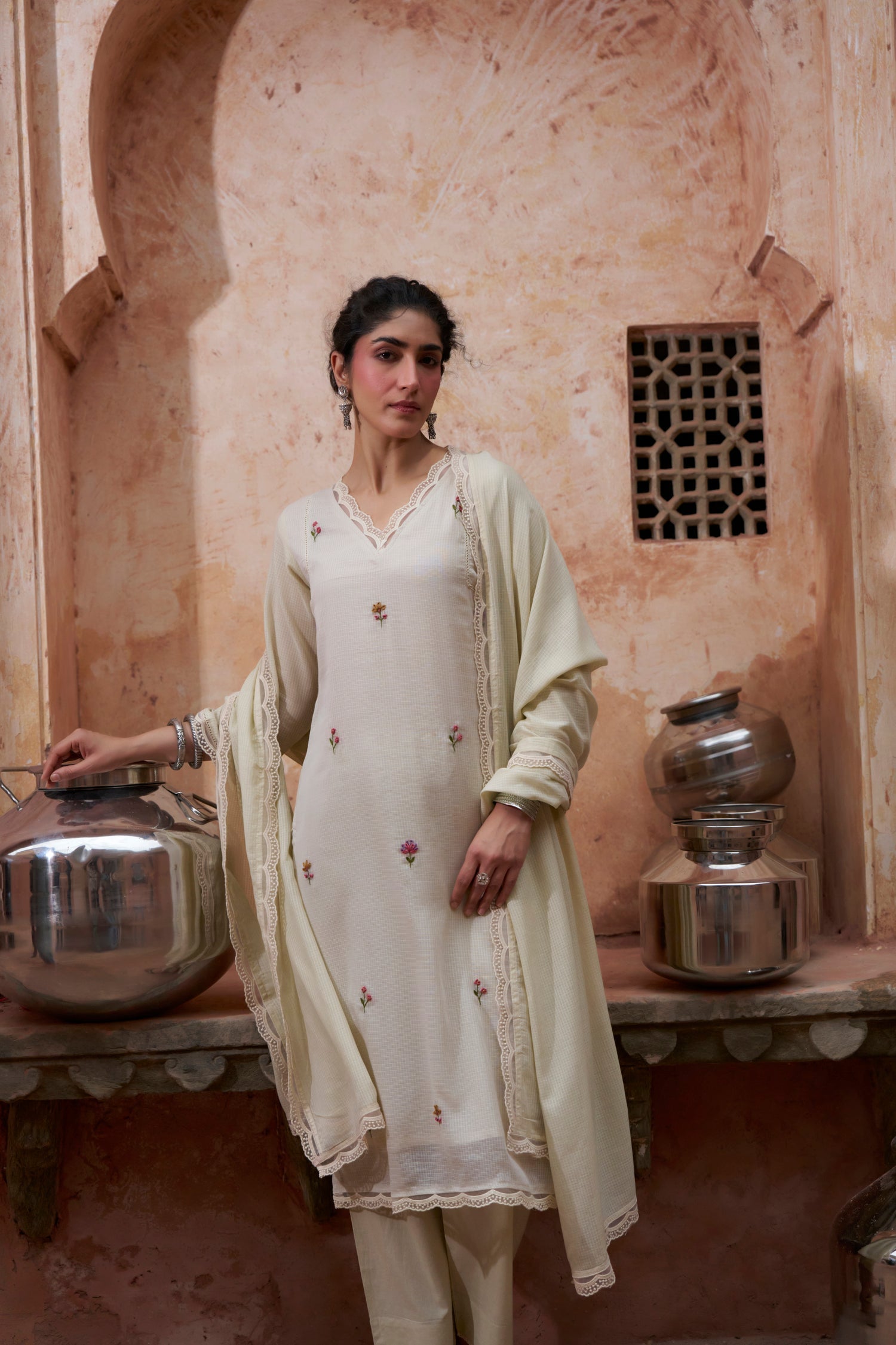 BEIGE EMBROIDERED SUIT SET IN KOTA DORIA