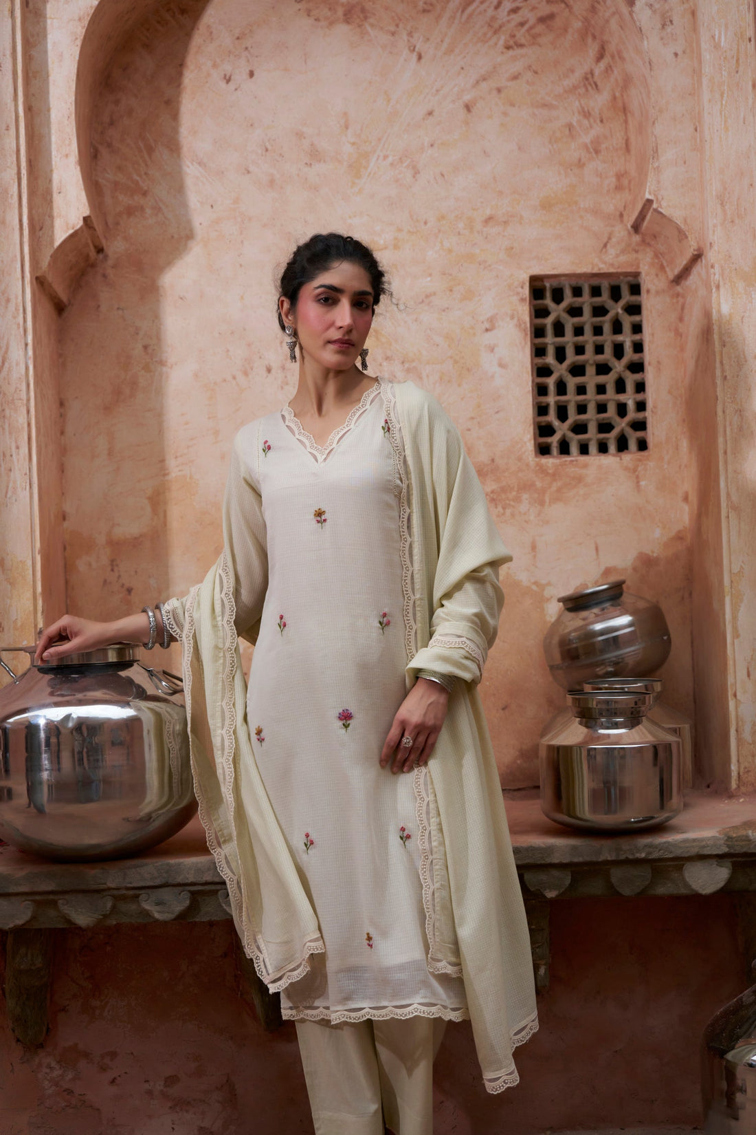 BEIGE EMBROIDERED SUIT SET IN KOTA DORIA