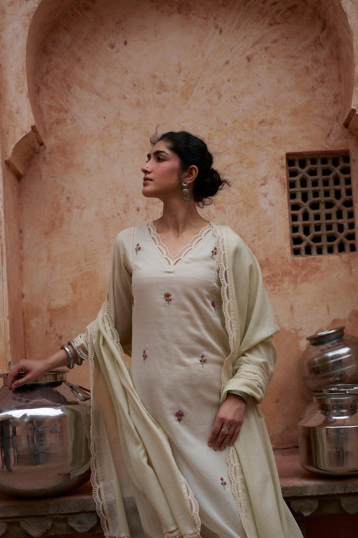 BEIGE EMBROIDERED SUIT SET IN KOTA DORIA