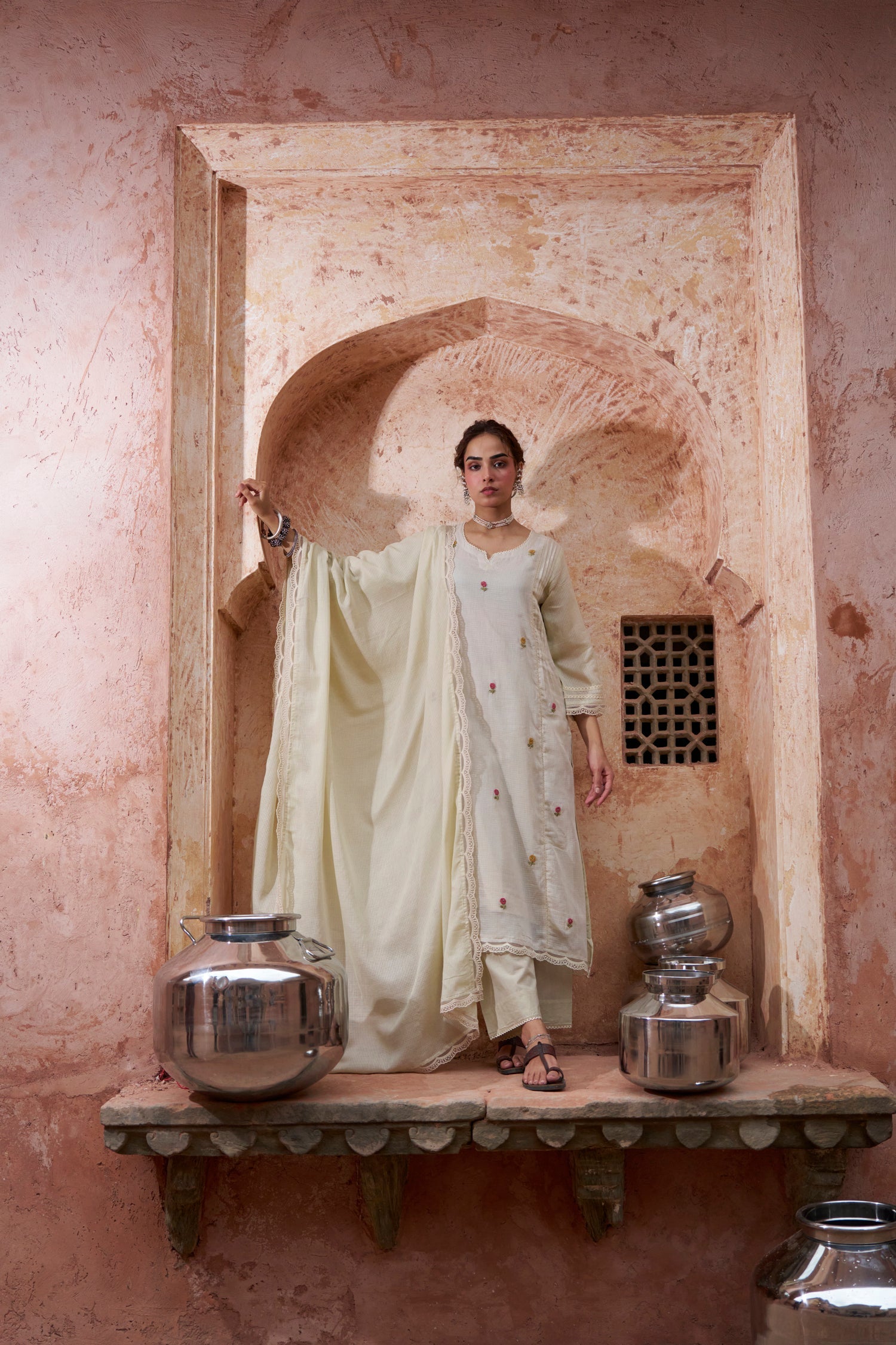 BEIGE KOTA DORIA EMBROIDERED SUIT SET