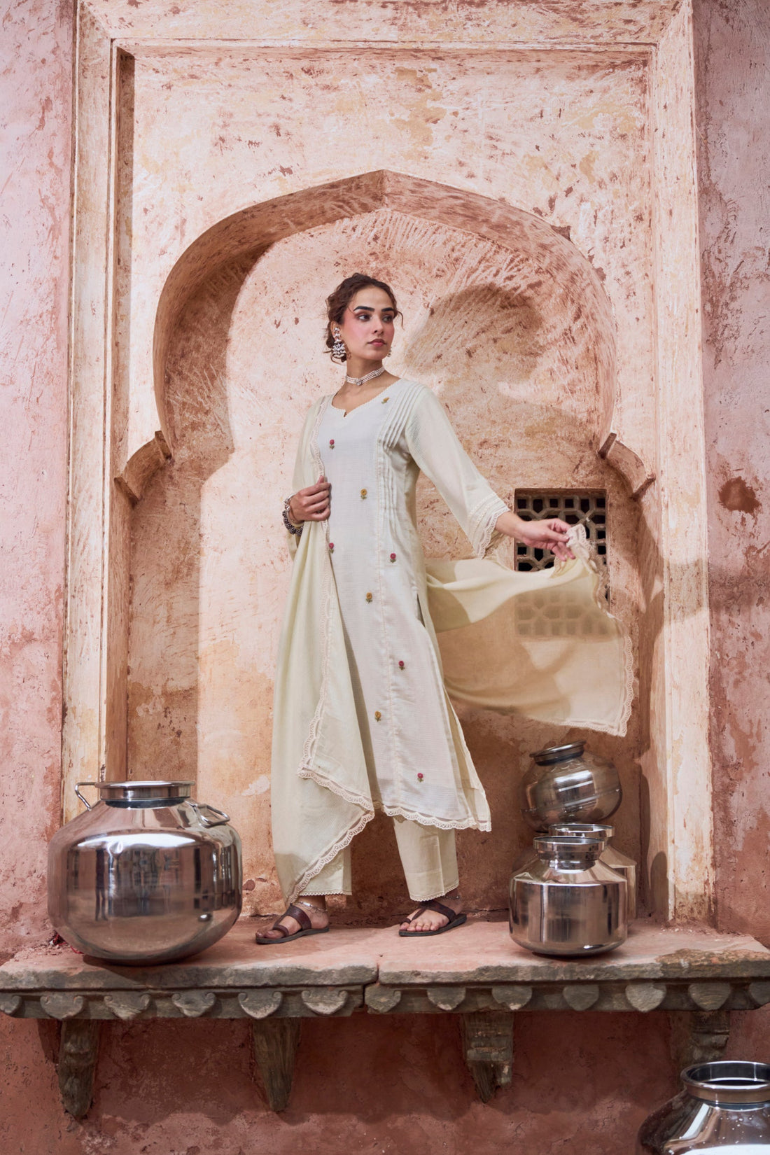 BEIGE KOTA DORIA EMBROIDERED SUIT SET